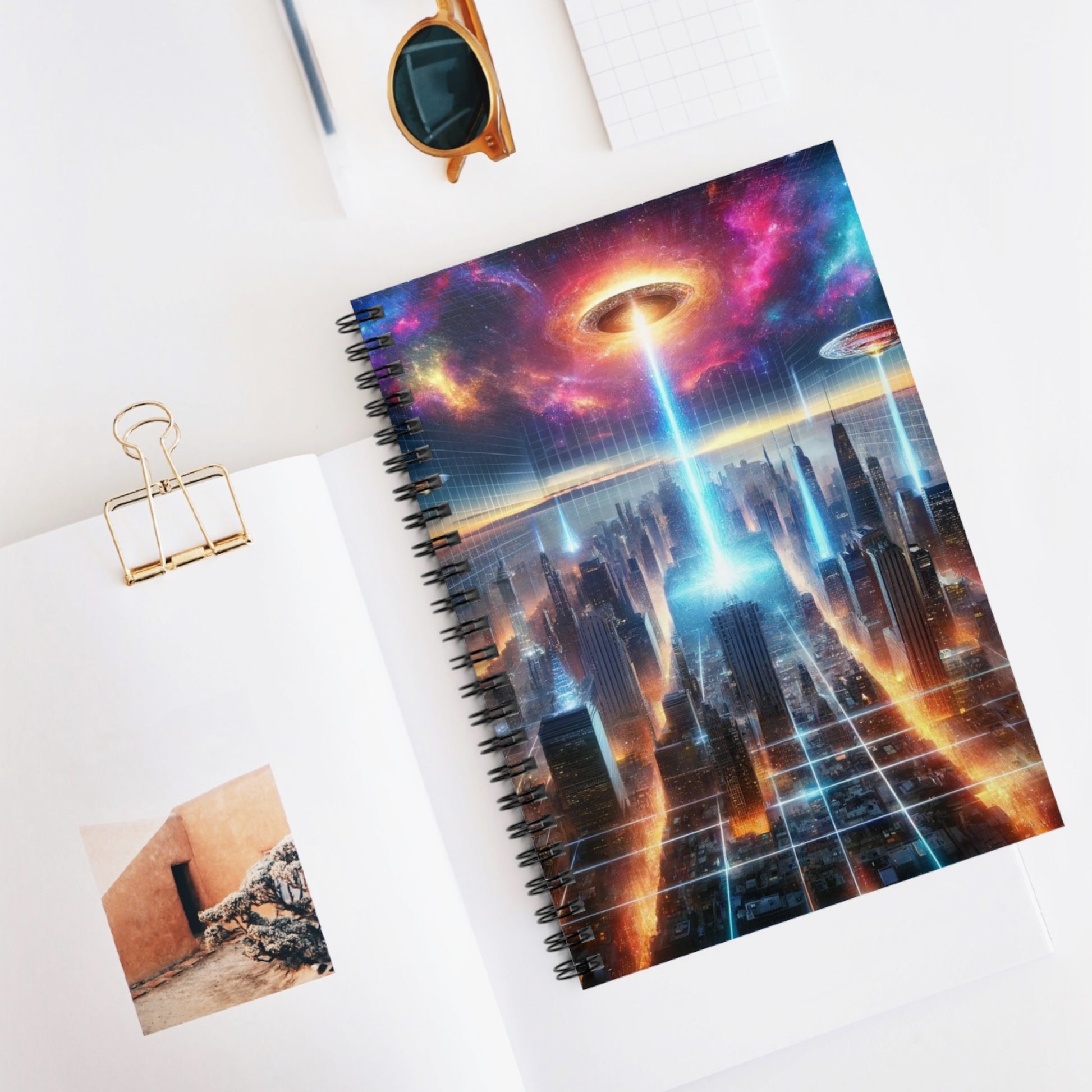 The Galactic Event Notebook placed on a desk with a pen and coffee, inspiring creativity and mindful writing sessions.