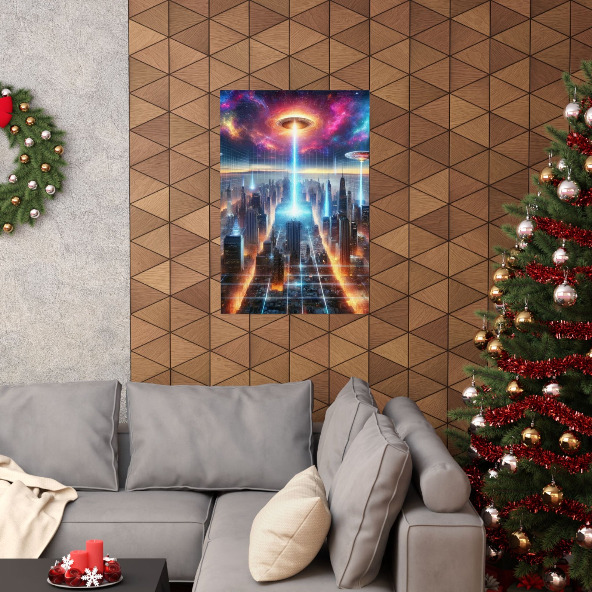 The Galactic Event Poster displayed above a couch, adding a stunning cosmic touch to modern living room decor.