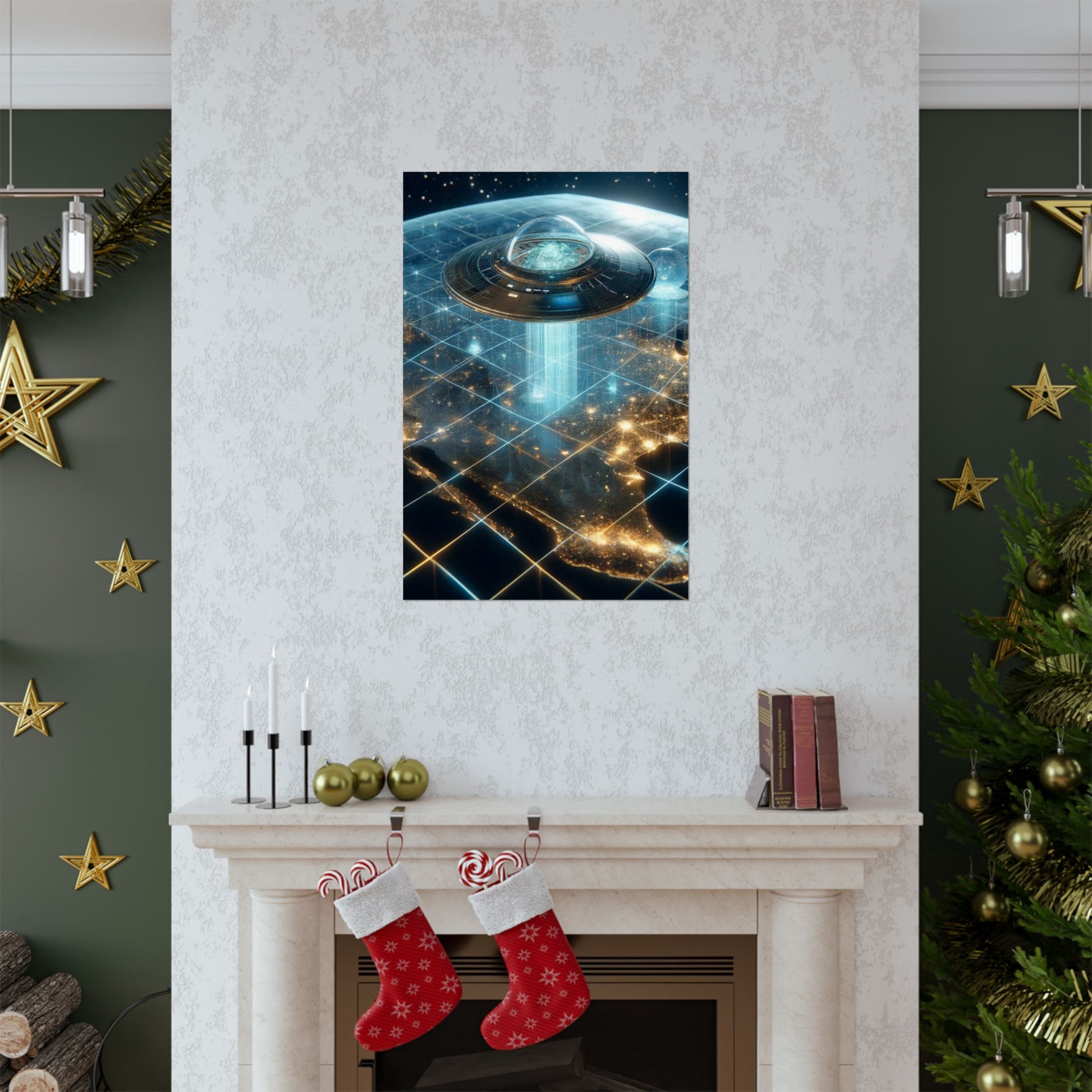 Galactic Guest II Poster positioned above a fireplace, enhancing the room with its deep space and sci-fi ambiance.