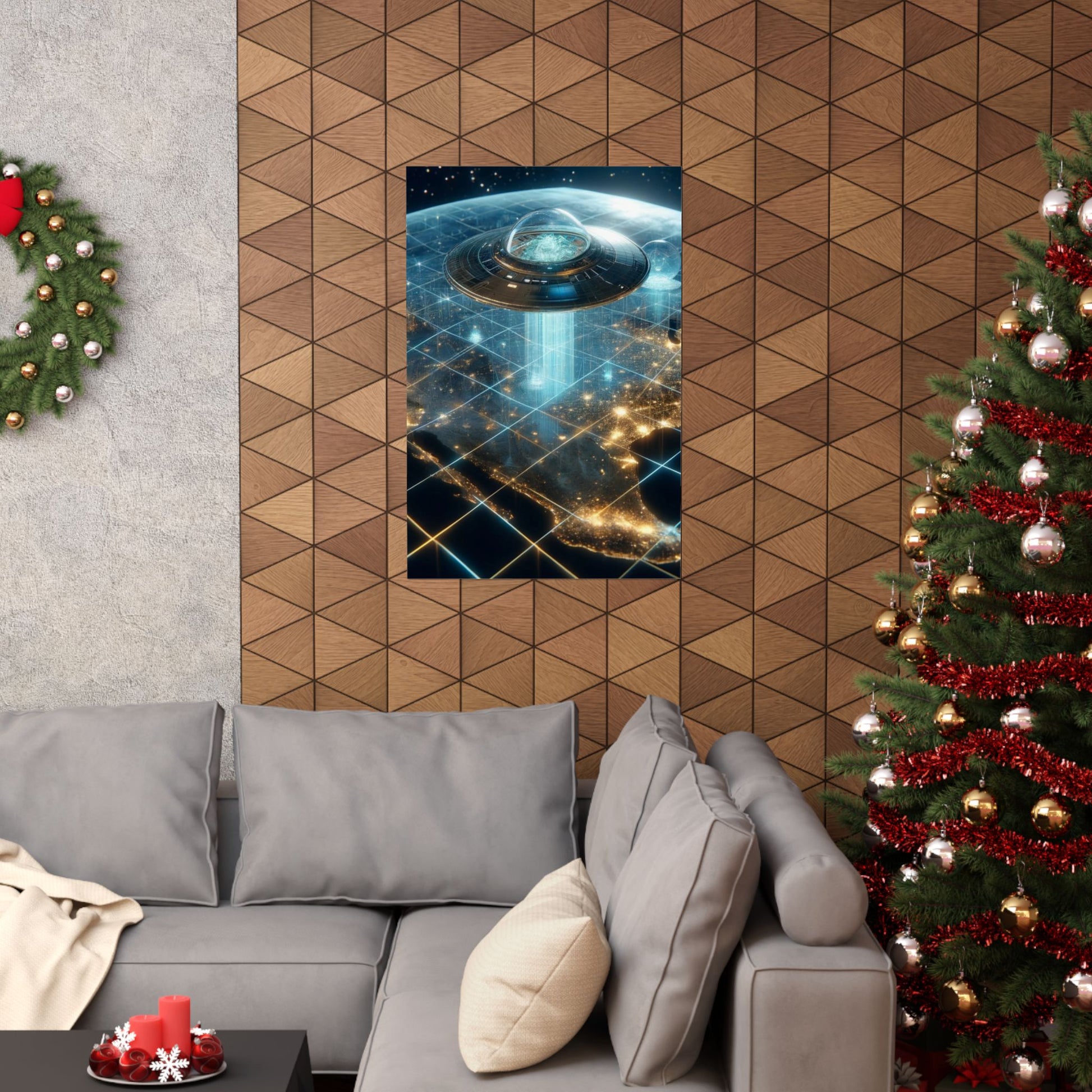 Galactic Guest II Poster displayed above a couch, adding an interstellar touch to modern living room decor.
