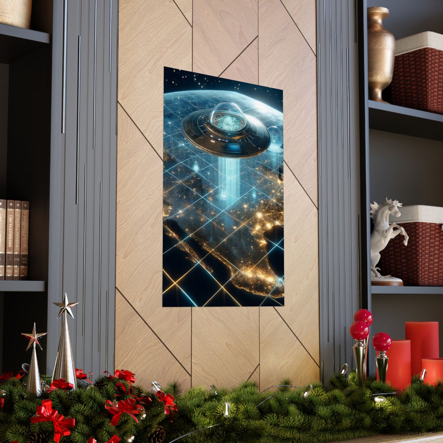 Galactic Guest II Poster placed between two shelves, creating a futuristic and cosmic-inspired home decor setup.