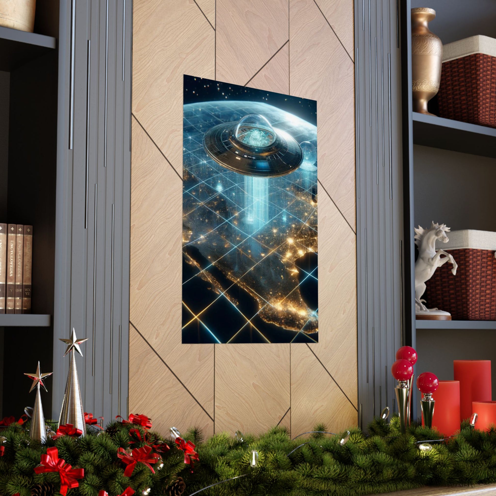 Galactic Guest II Poster placed between two shelves, creating a futuristic and cosmic-inspired home decor setup.