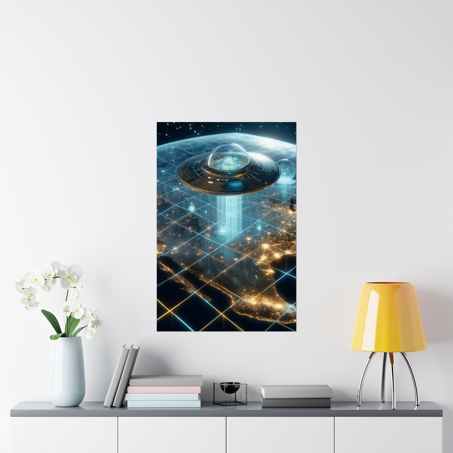 Galactic Guest II Poster above a desk, sparking creativity and wonder in a stylish home office setup.