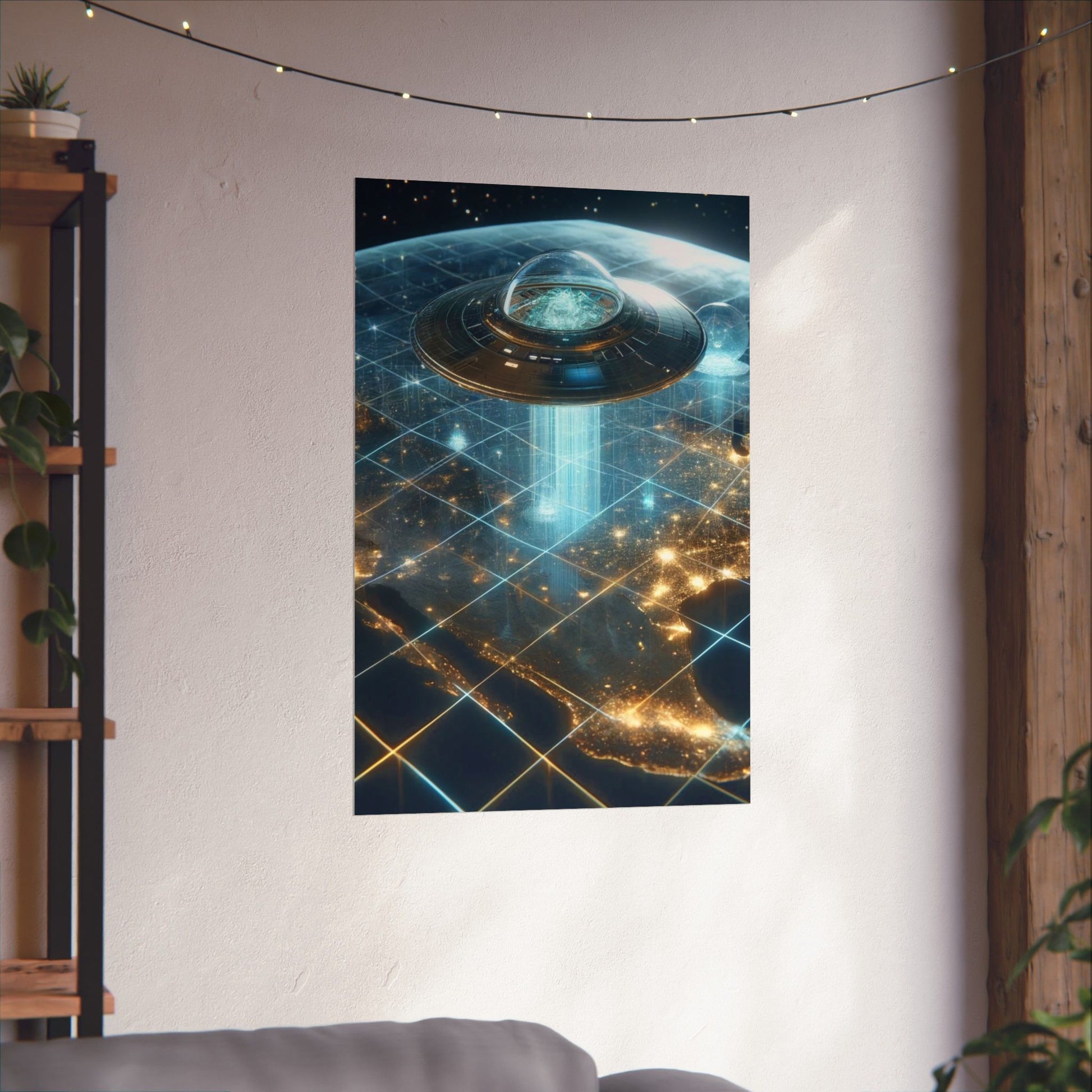 Galactic Guest II Poster hung on a feature wall, showcasing its bold cosmic artwork as a statement decor piece.