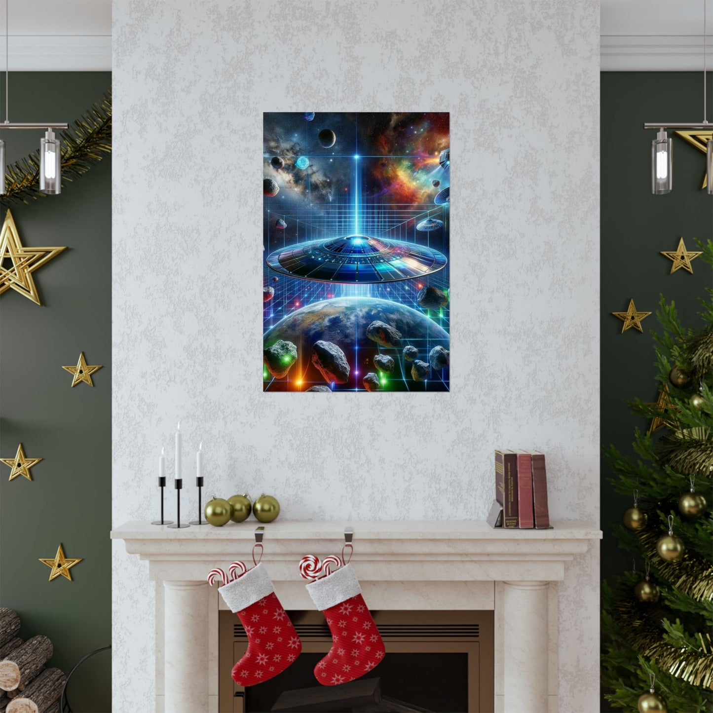 The Galactic Guest I Poster positioned above a fireplace, creating a striking focal point with its deep space design.