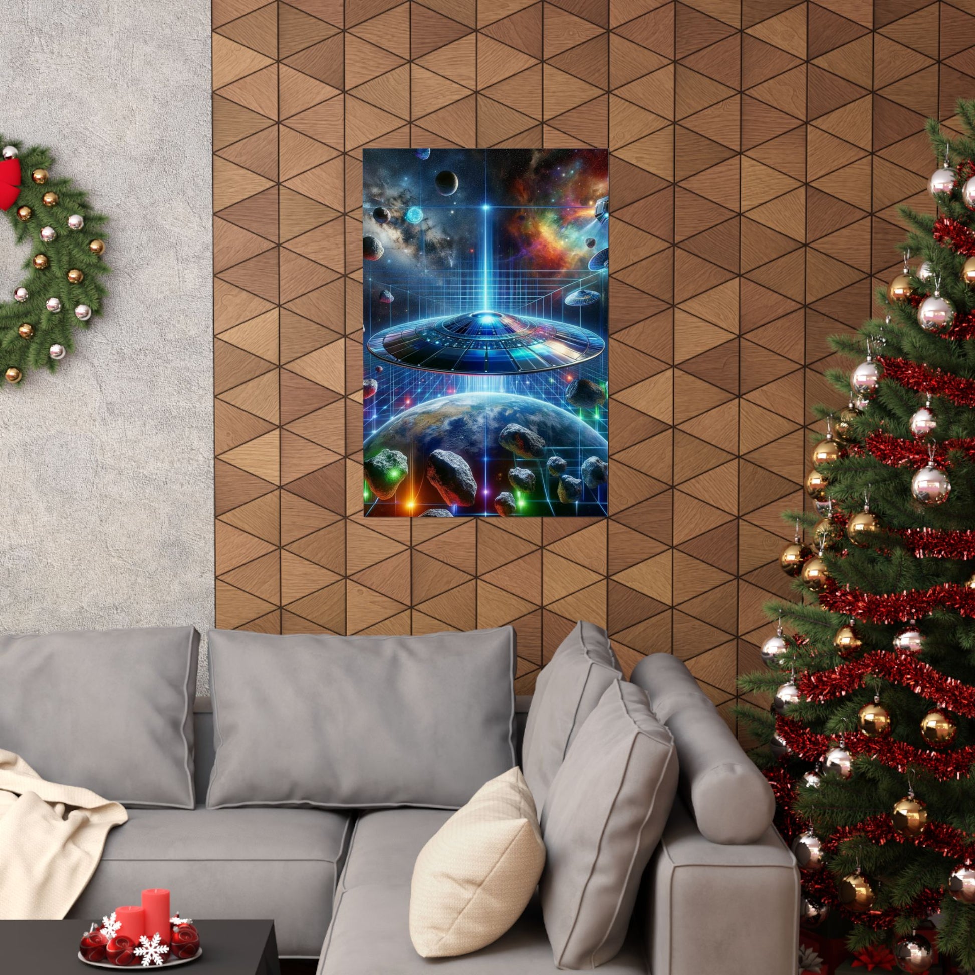 The Galactic Guest I Poster displayed above a couch, adding a celestial touch to a modern living room setup.