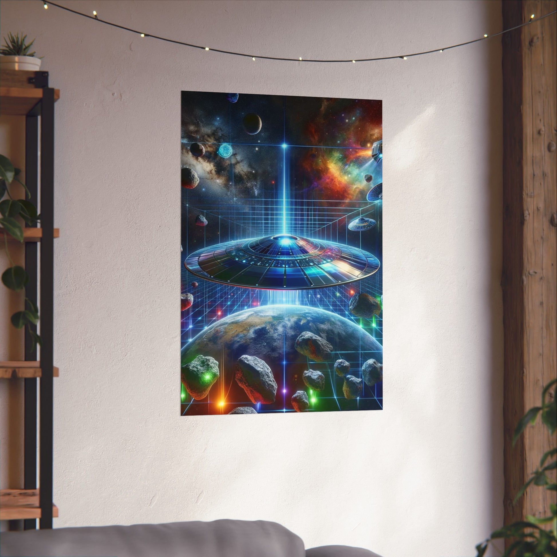 The Galactic Guest I Poster hung on a neutral wall, showcasing its vibrant space-inspired artwork as a statement piece.
