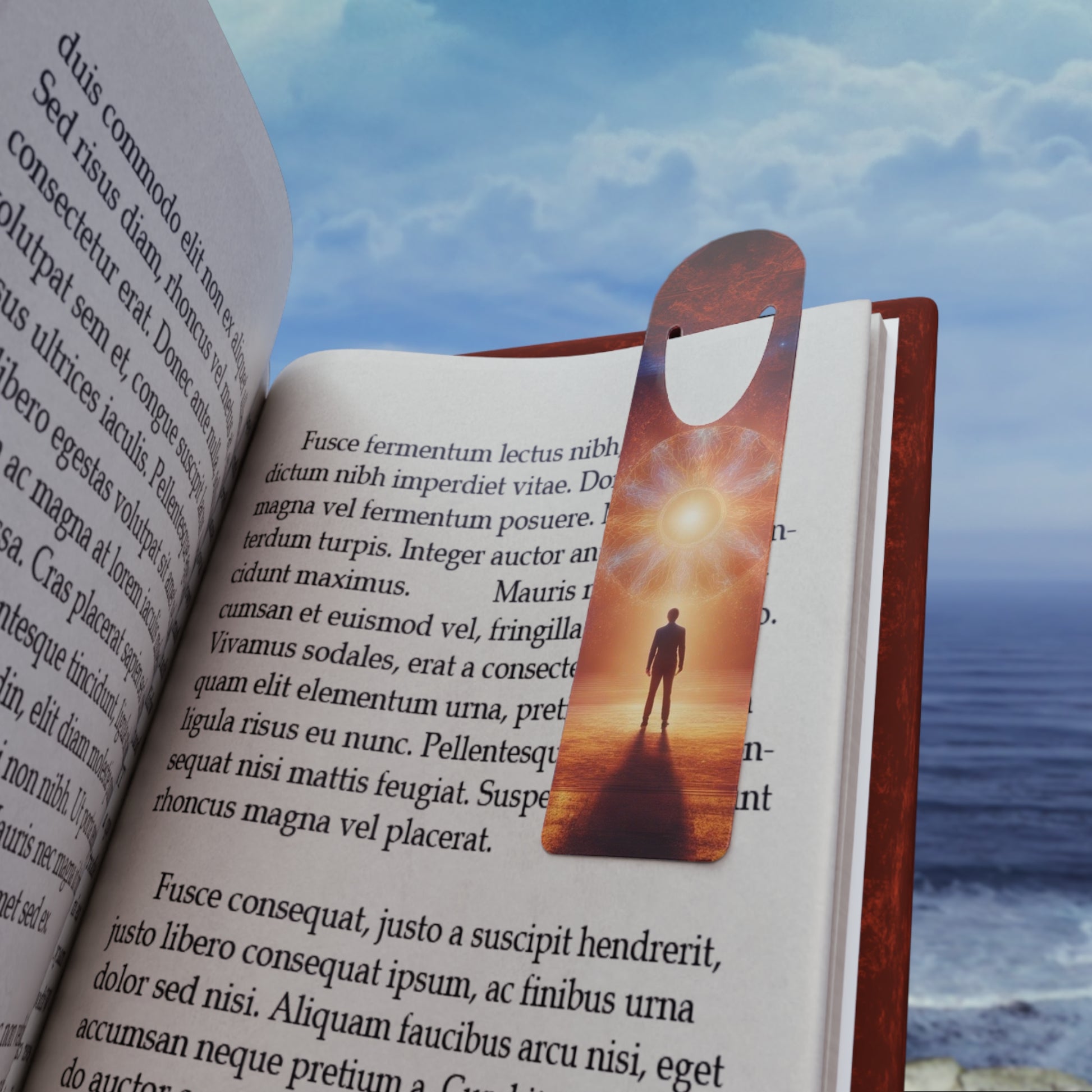 The Galaxy Bookmark placed in a book, marking pages with its stunning deep-space design.