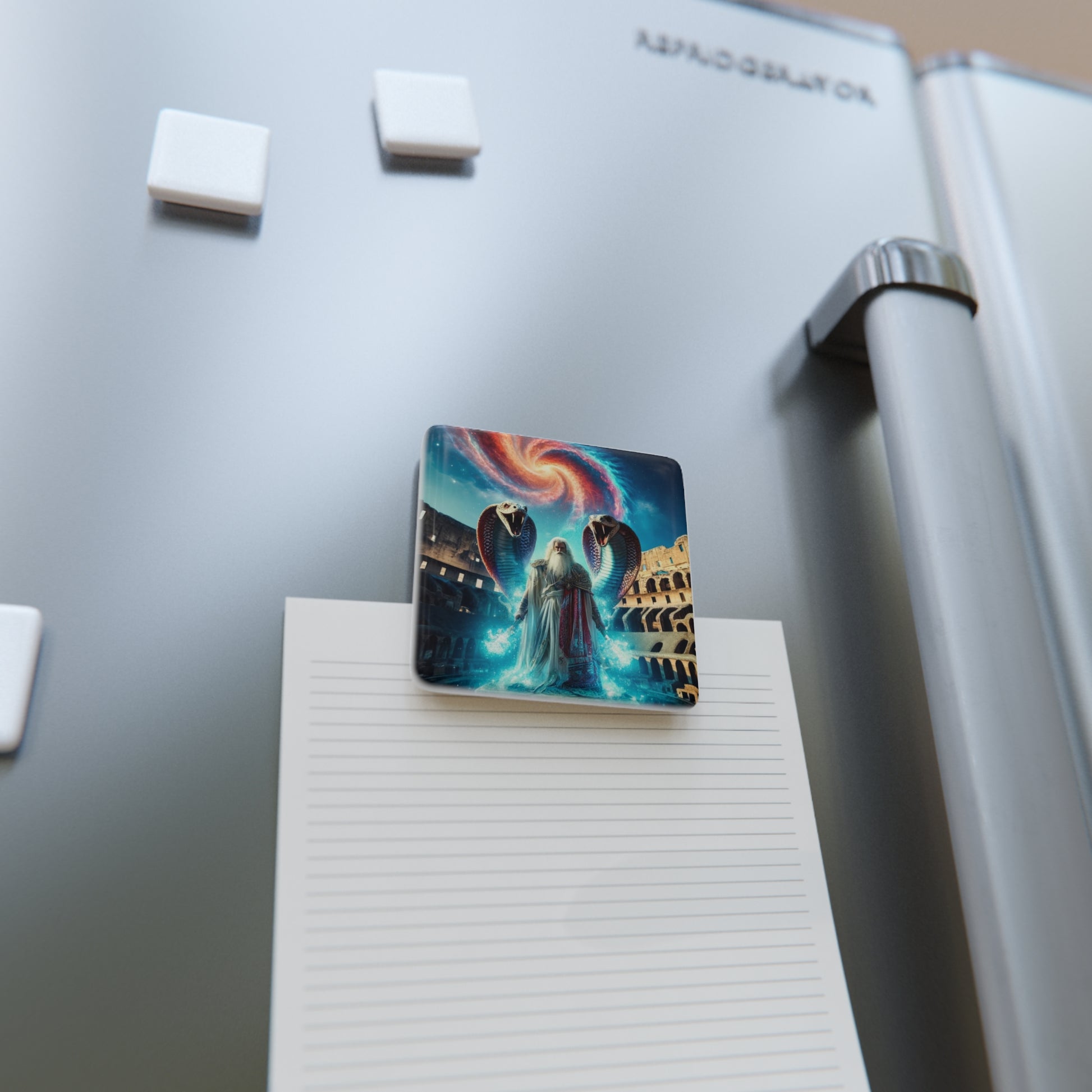 The Healer Magnet securely holding a note on a refrigerator, combining function with spiritual inspiration.