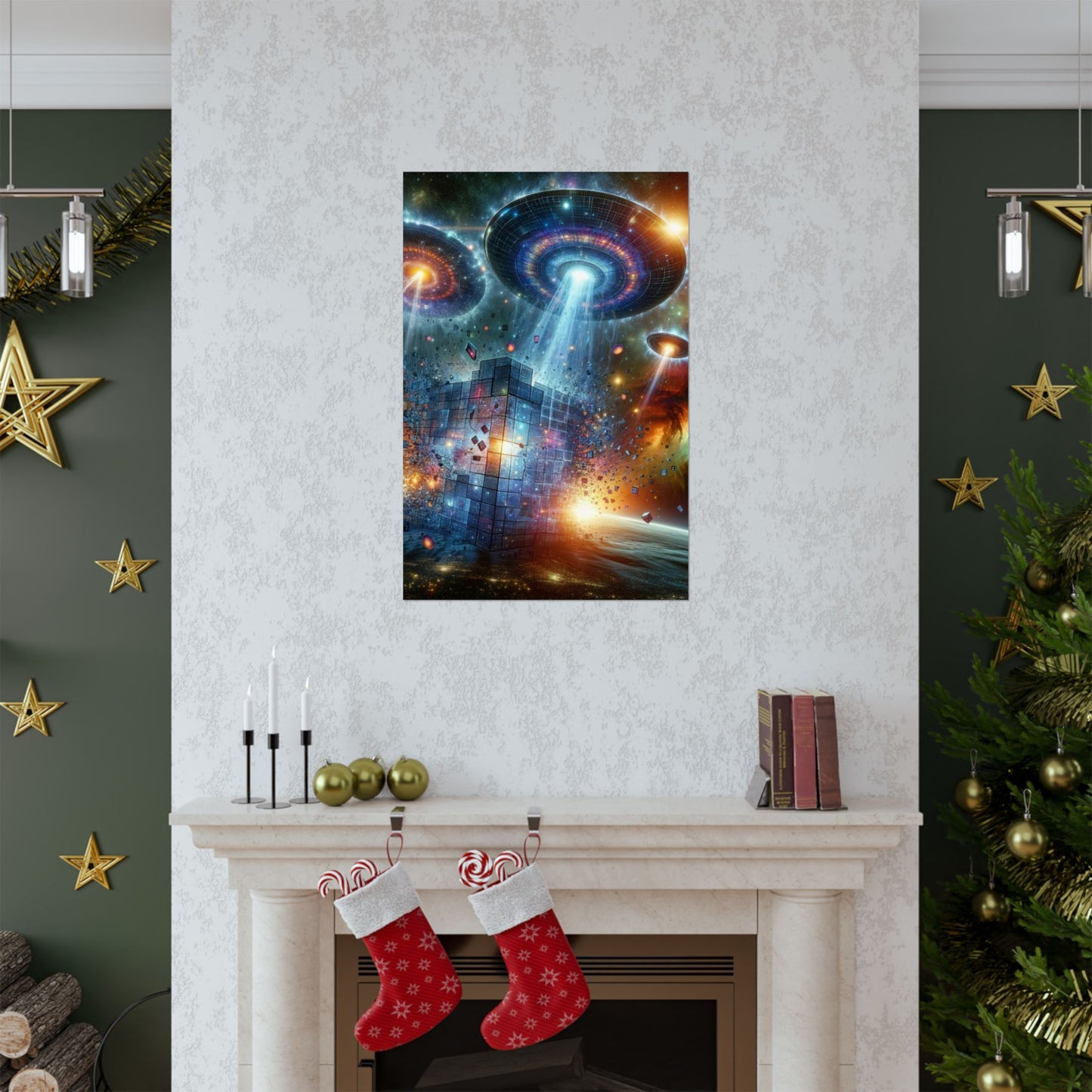 Interstellar Intruders Poster positioned above a fireplace, blending cosmic mystery with a stylish room aesthetic.