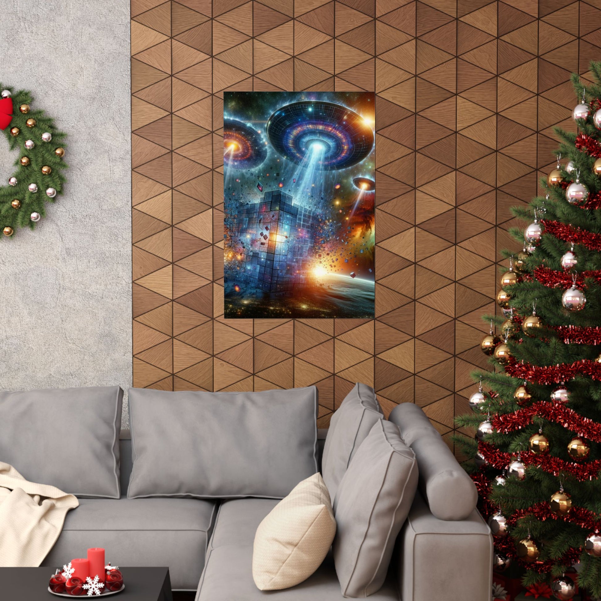 Interstellar Intruders Poster displayed above a couch, creating a bold sci-fi statement in modern living room decor.
