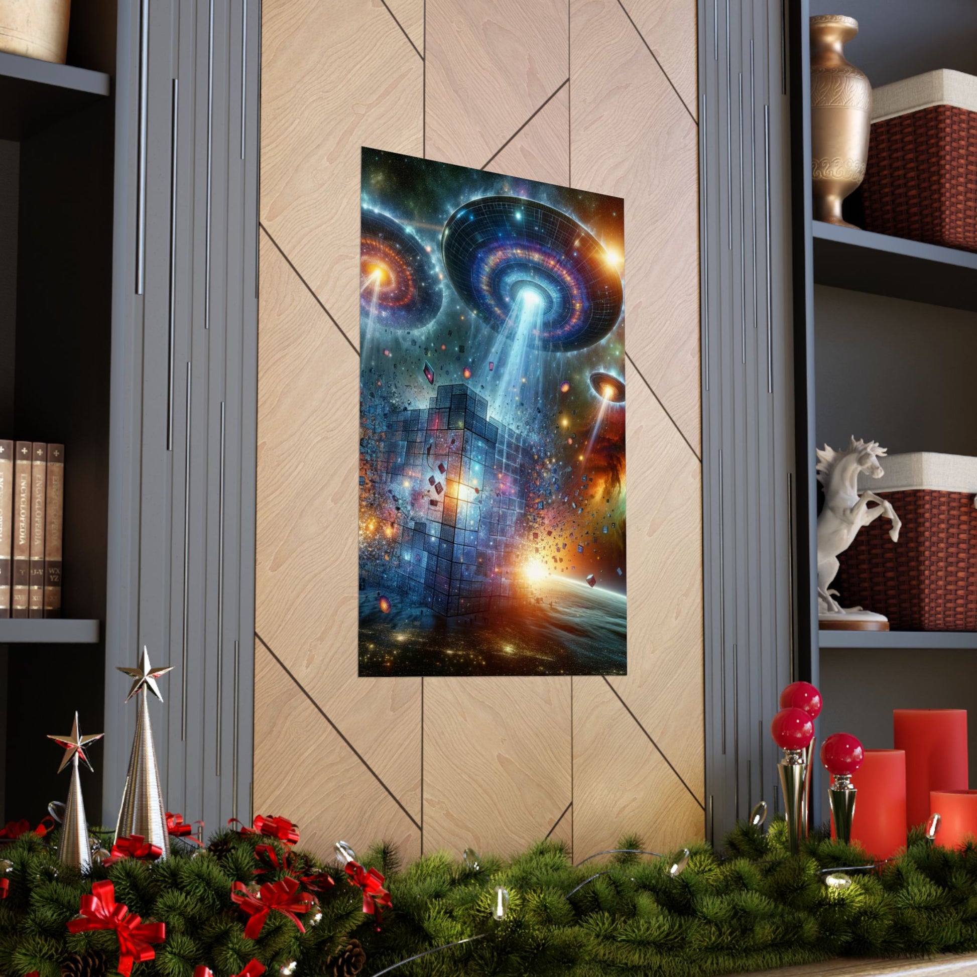 Interstellar Intruders Poster elegantly placed between two shelves, adding a futuristic touch to contemporary decor.