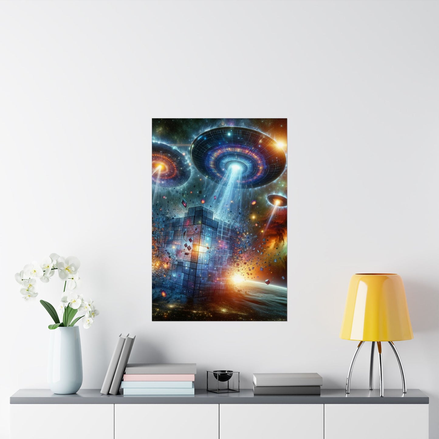 Interstellar Intruders Poster placed above a desk, inspiring curiosity and imagination in a creative workspace.