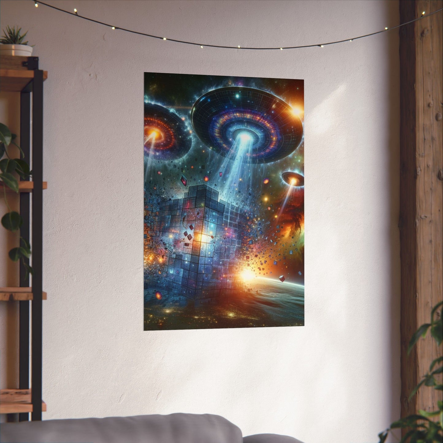 Interstellar Intruders Poster hung on a neutral wall, showcasing its vivid space-themed design as a centerpiece.