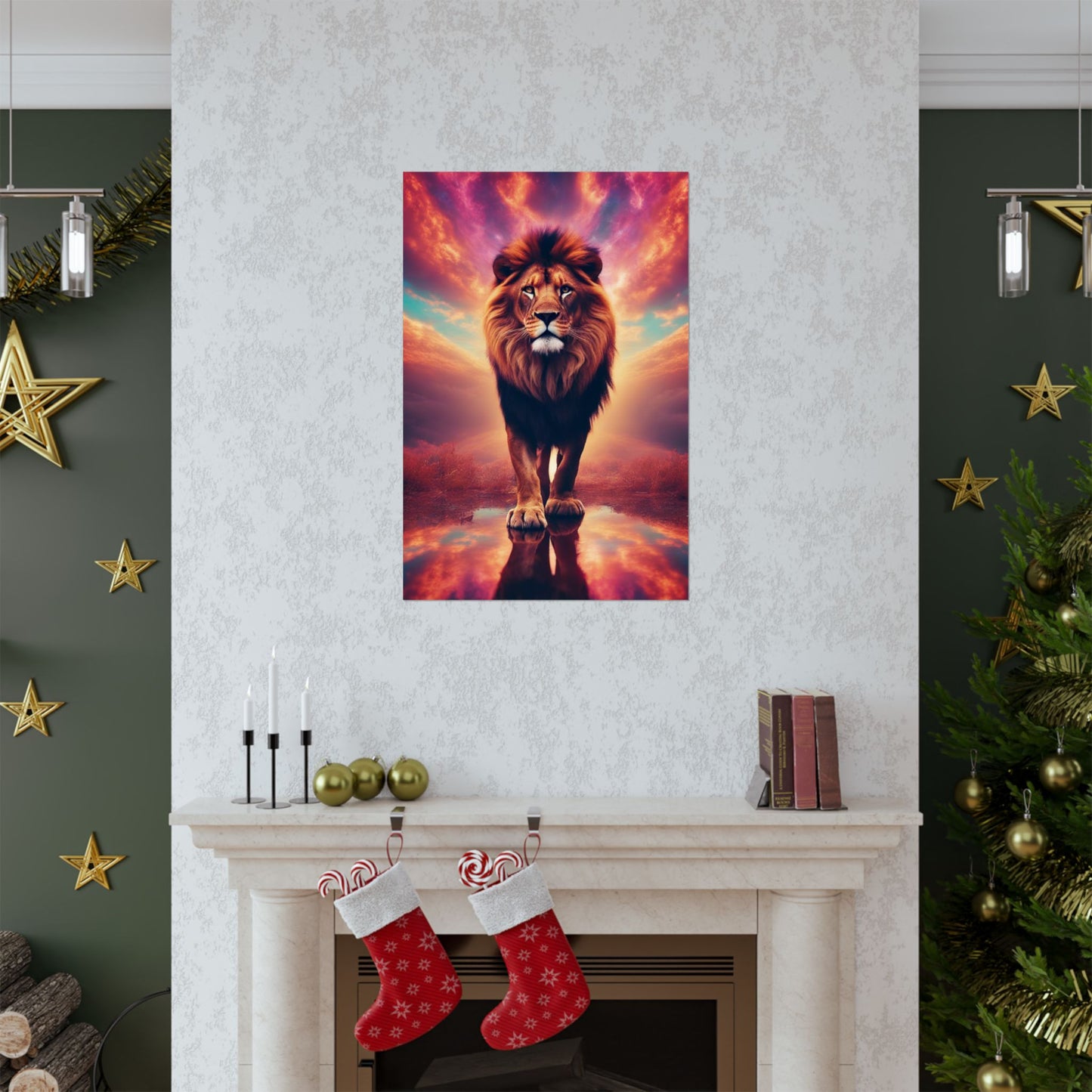 The Lone Lion Majesty Poster positioned above a fireplace, enhancing the room with its regal and powerful presence.