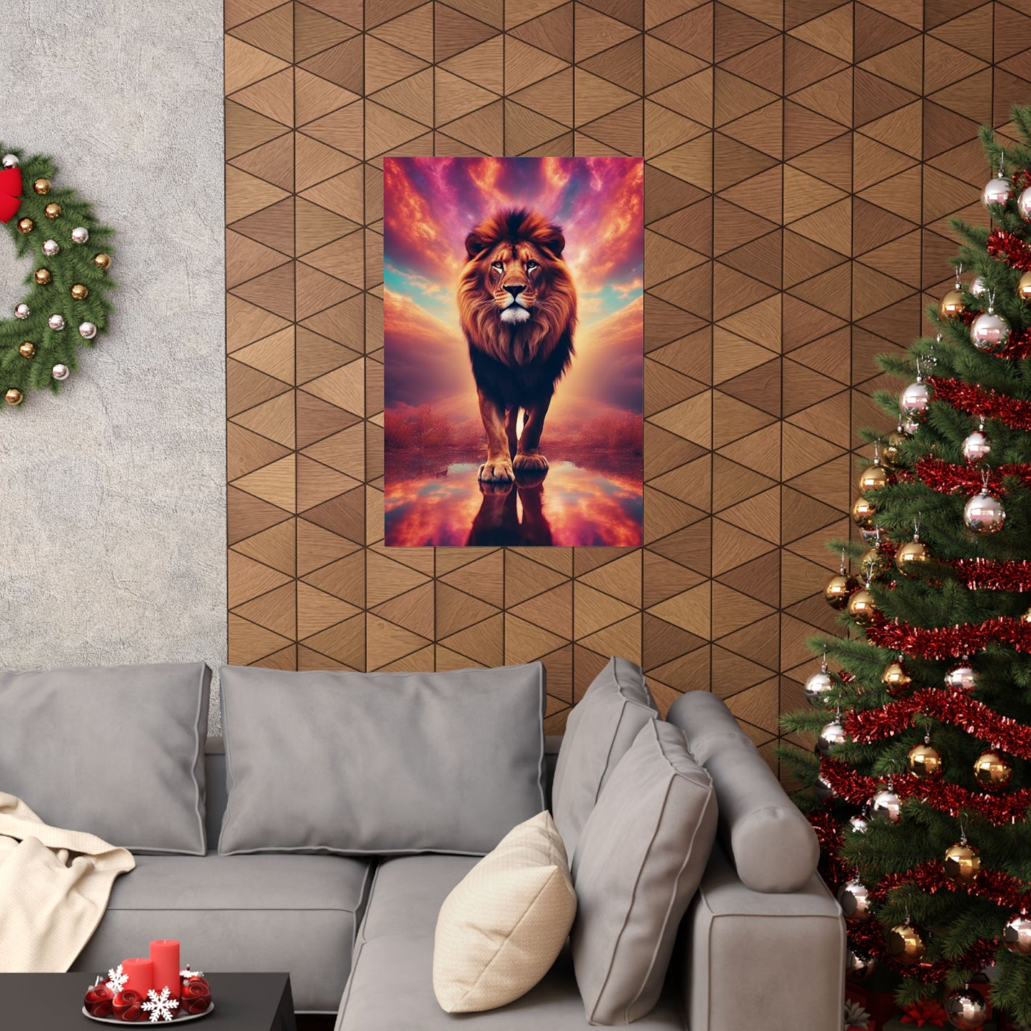 The Lone Lion Majesty Poster displayed above a couch, adding bold elegance to modern living room decor.