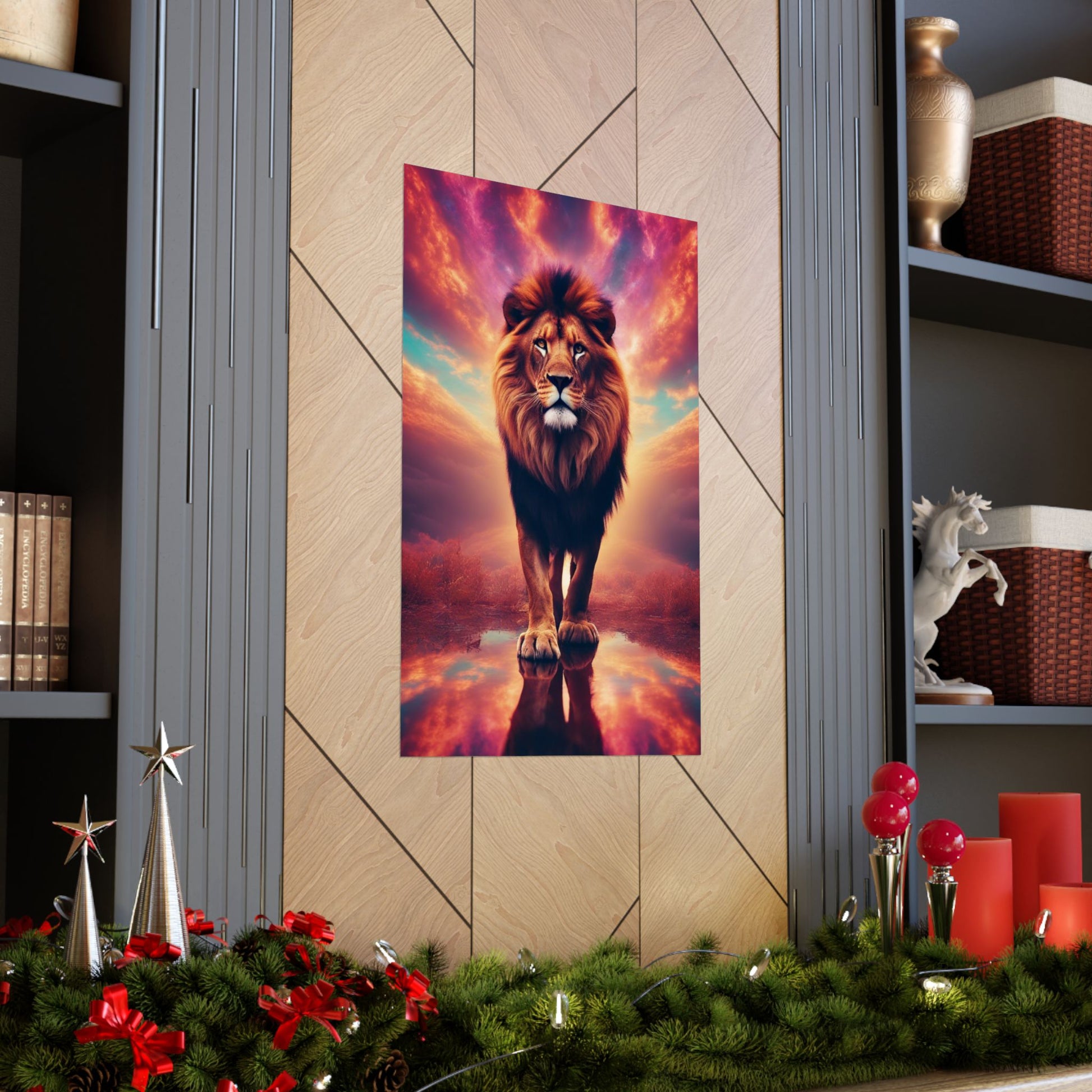 The Lone Lion Majesty Poster beautifully placed between two shelves, creating a striking modern home decor setup.