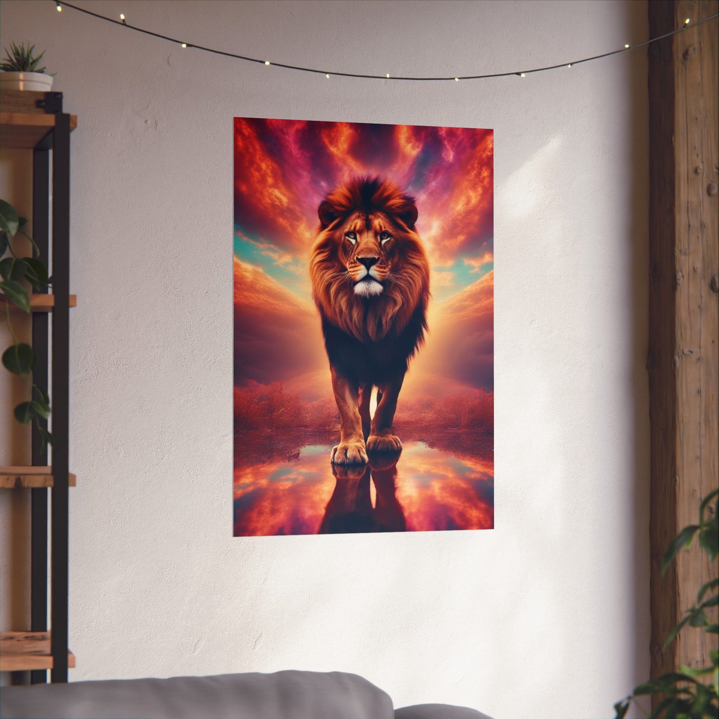 The Lone Lion Majesty Poster hung on a neutral wall, showcasing its bold lion artwork as a statement decor piece.