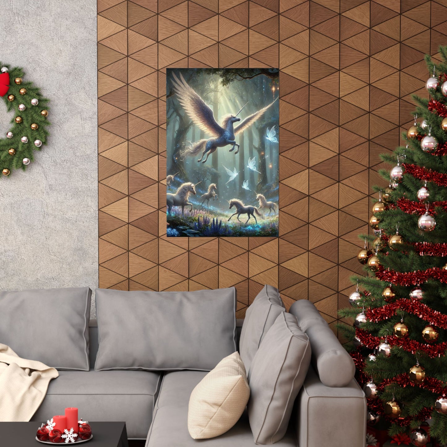 The Majestic Unicorn Poster displayed above a couch, adding a magical and whimsical touch to modern living room decor.
