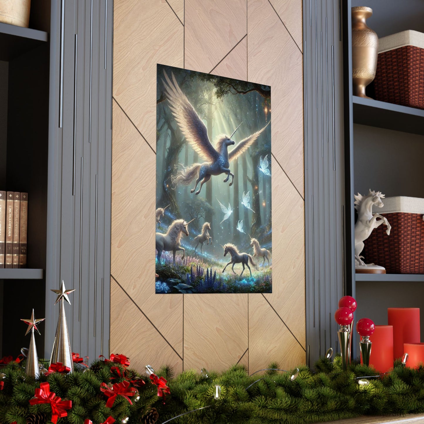 The Majestic Unicorn Poster elegantly placed between two shelves, creating a captivating modern home decor arrangement.