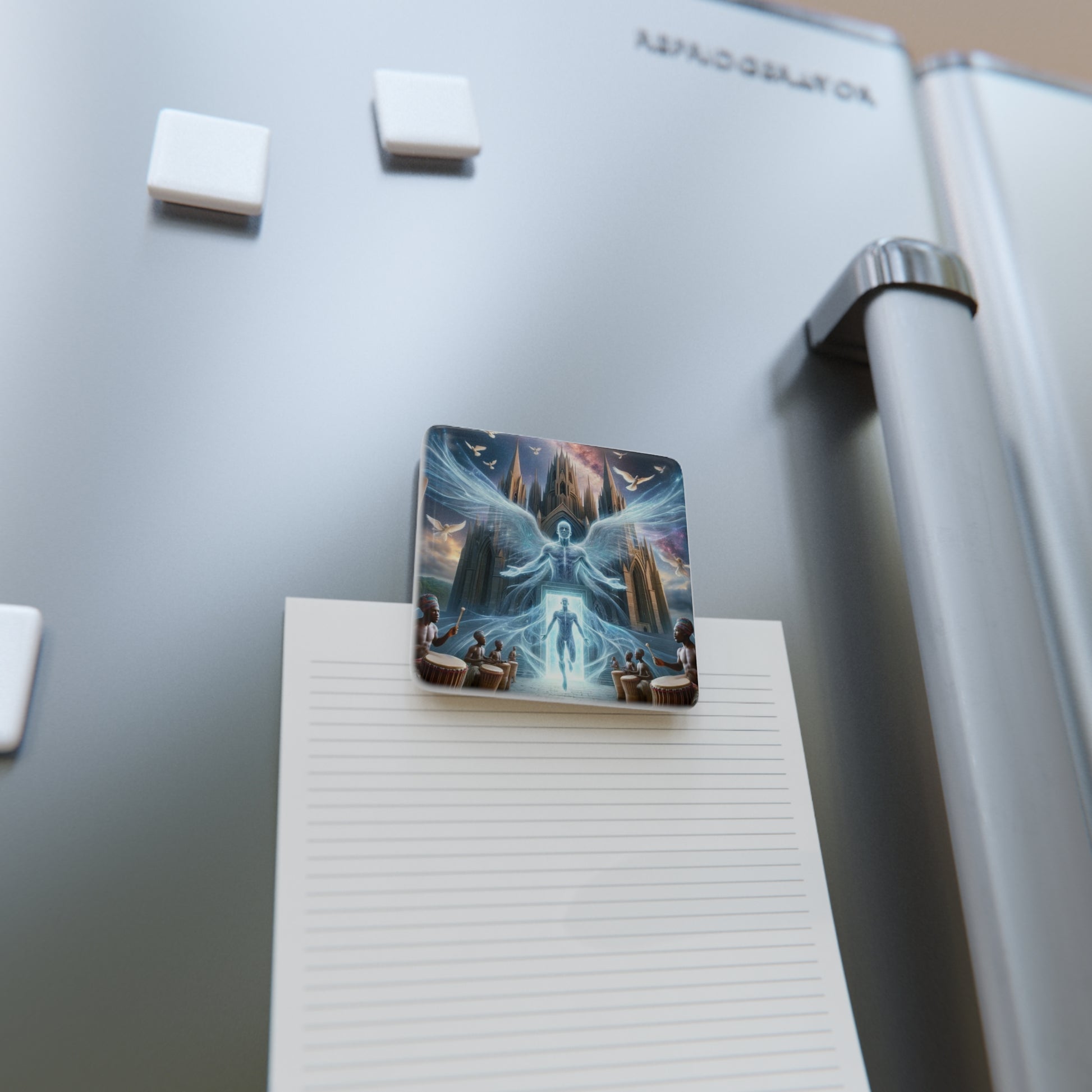 The Rebirth Magnet holding a note on a refrigerator, combining artistic beauty with functional everyday use.