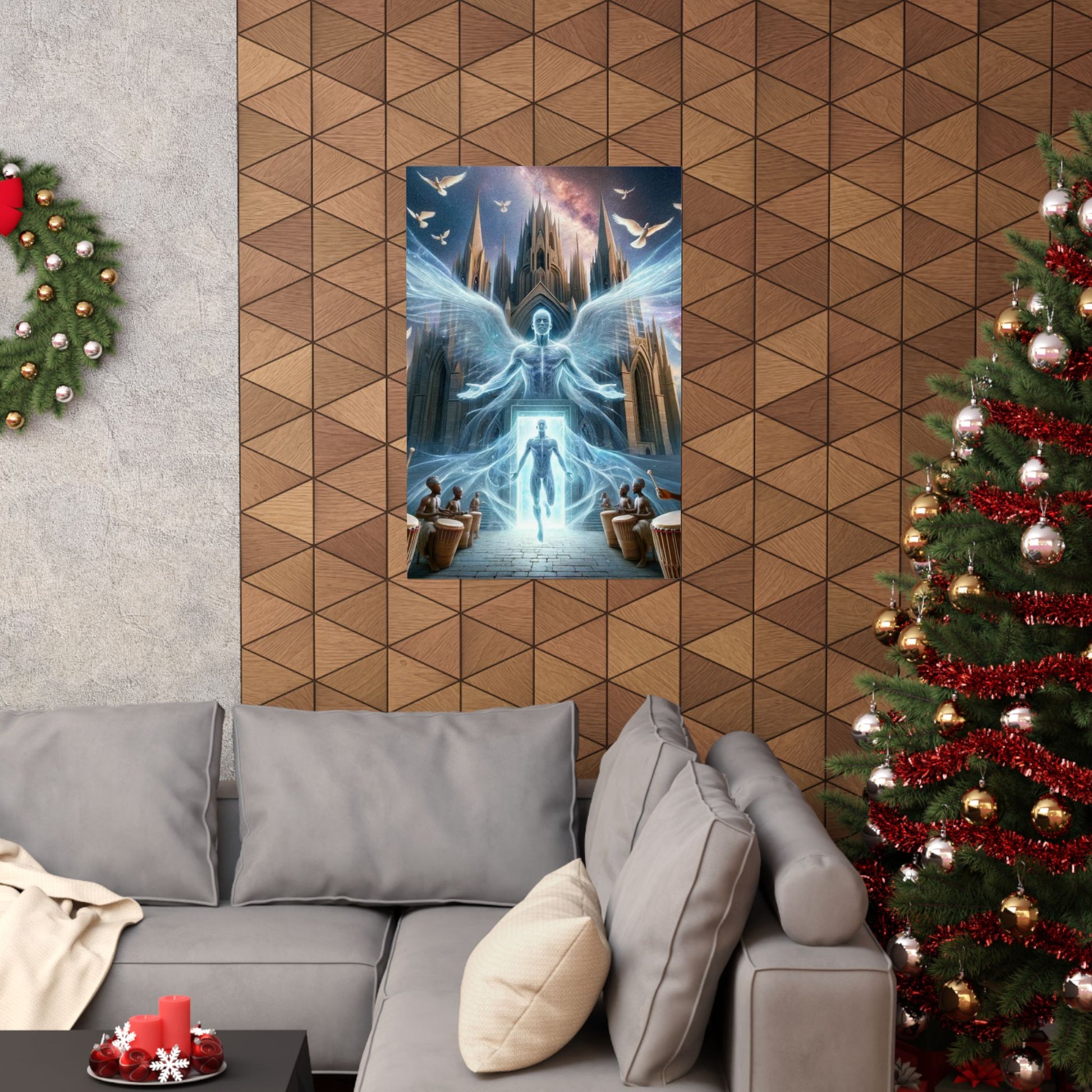 The Rebirth Poster displayed above a couch, adding a sense of renewal and inspiration to a modern living room.
