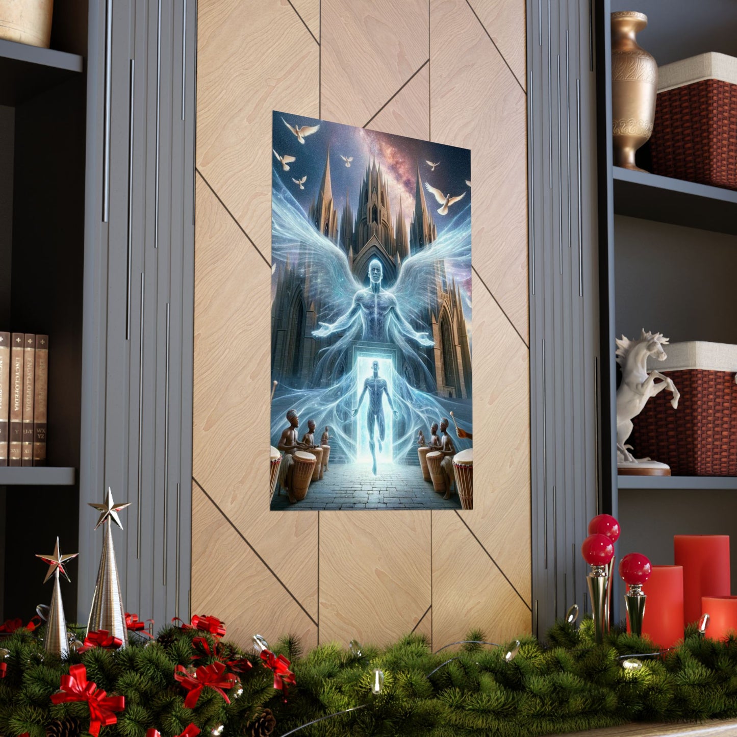The Rebirth Poster placed between two shelves, blending spiritual symbolism with elegant modern home decor.