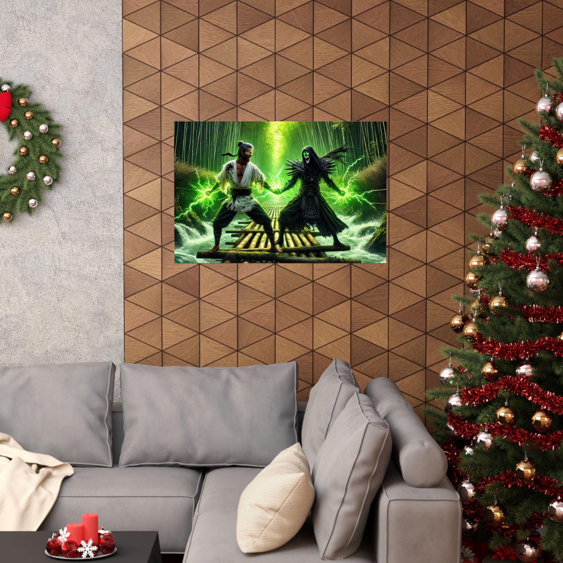 Samurai Showdown Poster displayed above a couch, adding a powerful warrior aesthetic to modern living room decor.