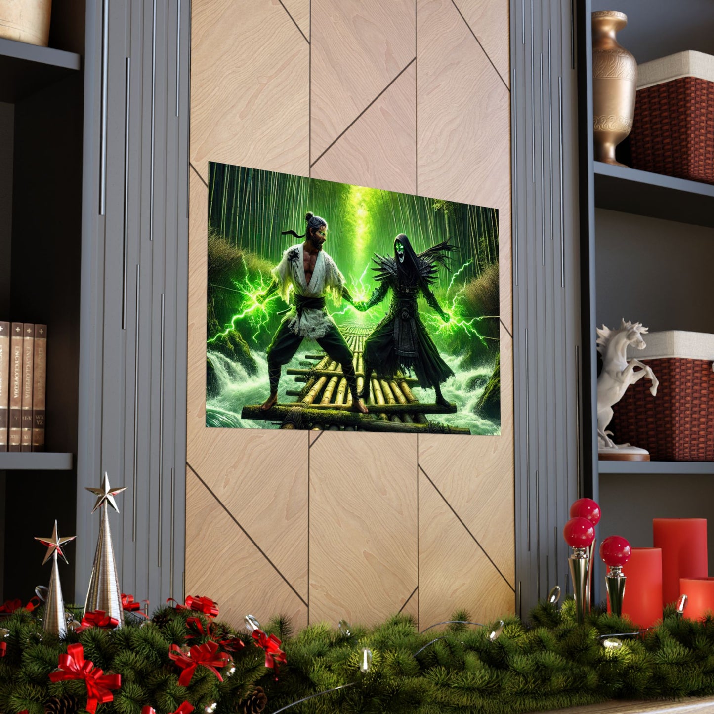 Samurai Showdown Poster placed between two shelves, creating a striking balance of strength and elegance in modern home decor.