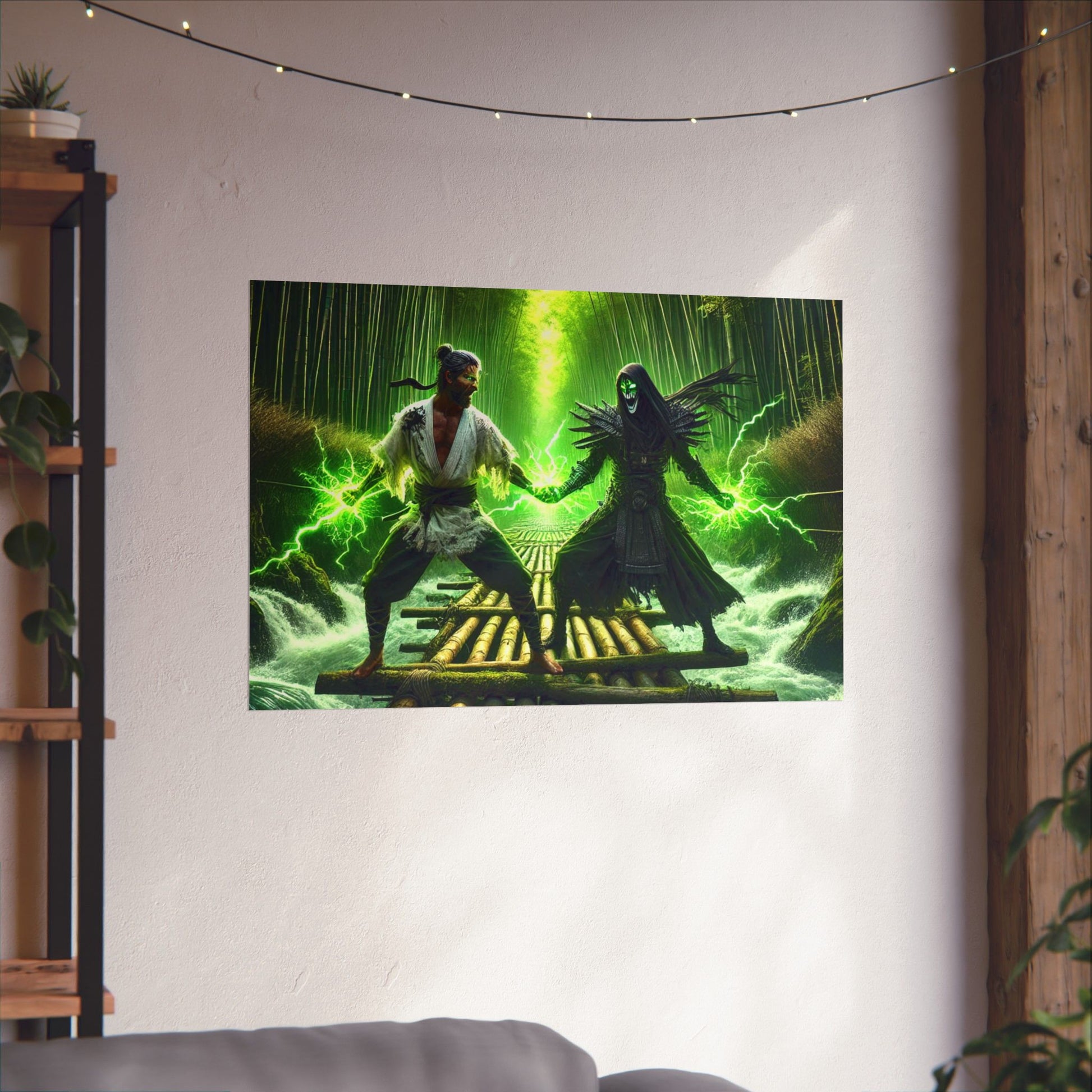 Samurai Showdown Poster hung on a wall, showcasing its fierce Japanese warrior artwork as a statement piece.