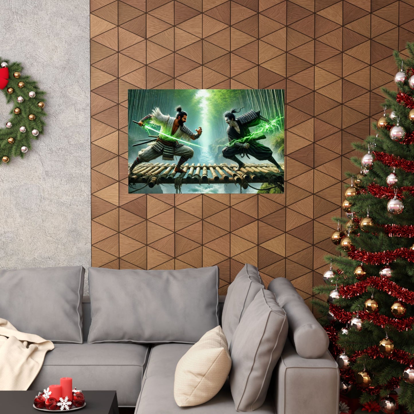 Samurais' Clash Poster displayed above a couch, adding a bold and historic warrior aesthetic to the living room.