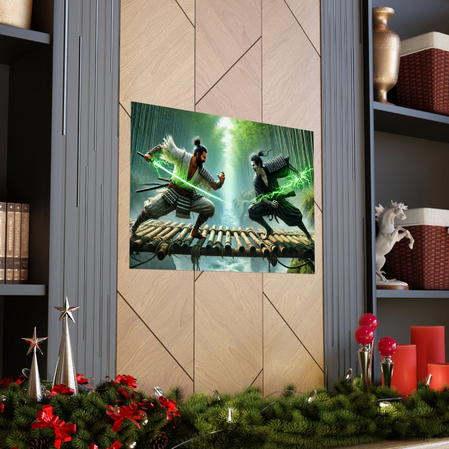 Samurais' Clash Poster placed between two shelves, showcasing intense Japanese battle art in a modern home setting.