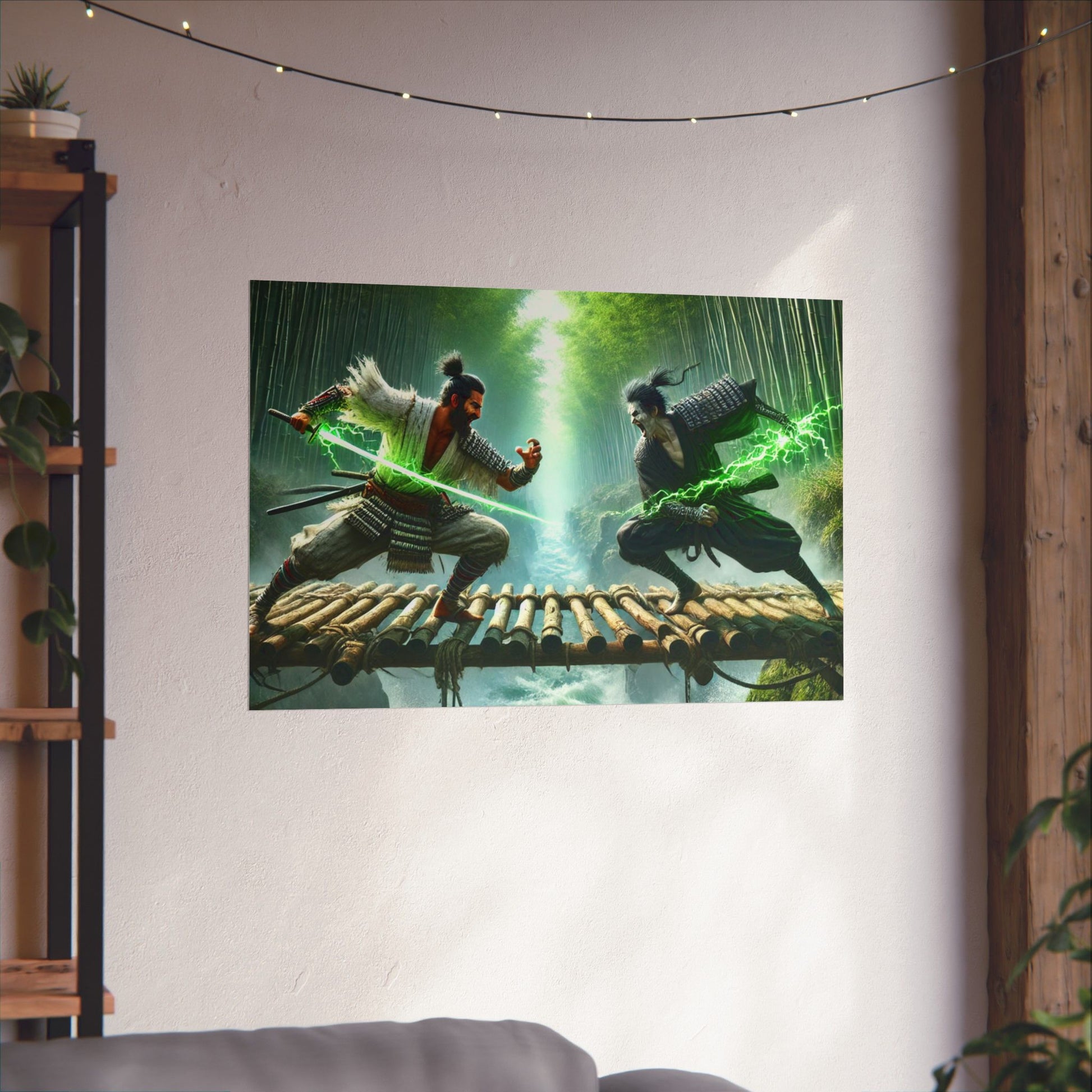 Samurais' Clash Poster hung on a feature wall, capturing the energy and discipline of legendary samurai warriors.