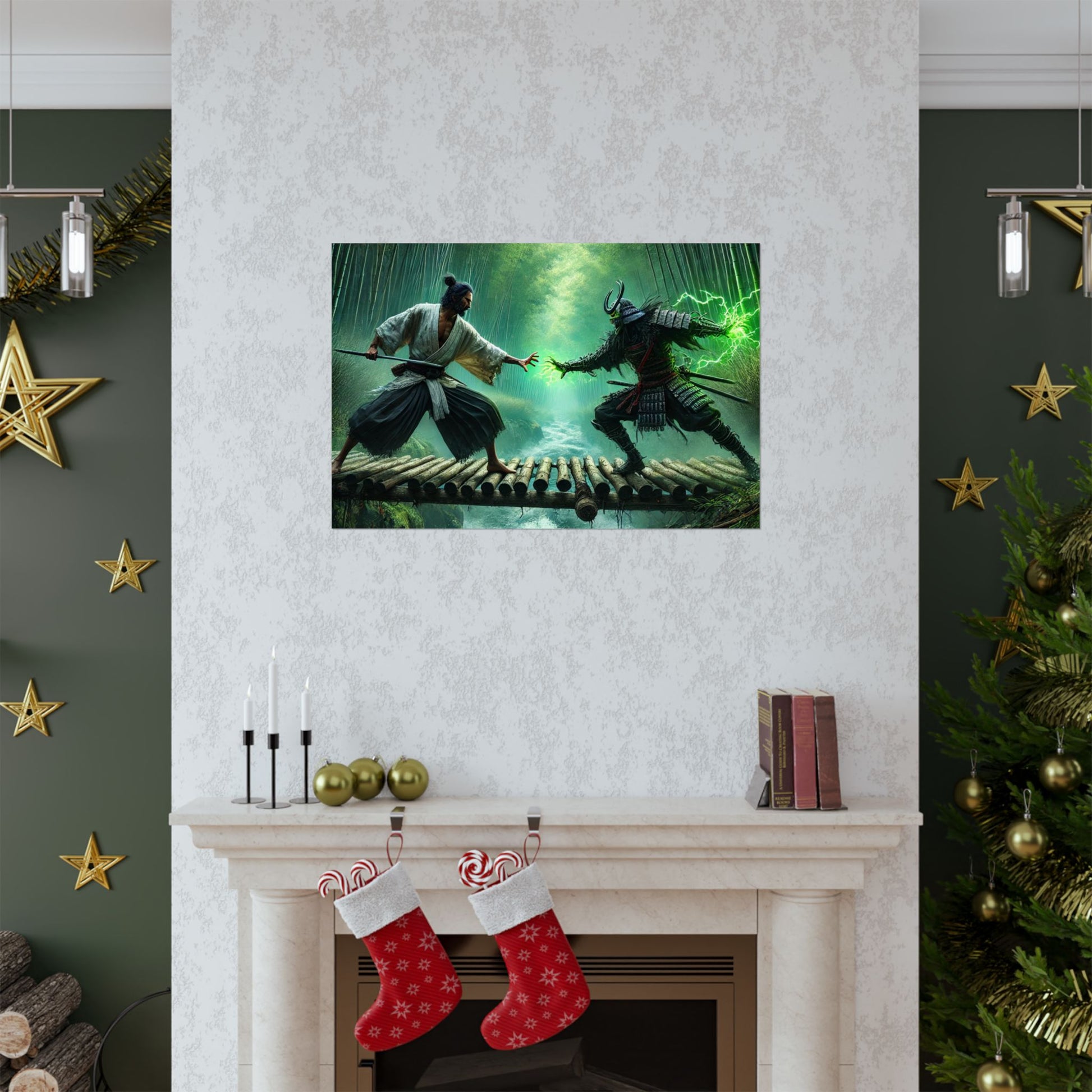 Samurai’s Rage Poster positioned above a fireplace, radiating power and determination in a warrior-inspired decor setup.
