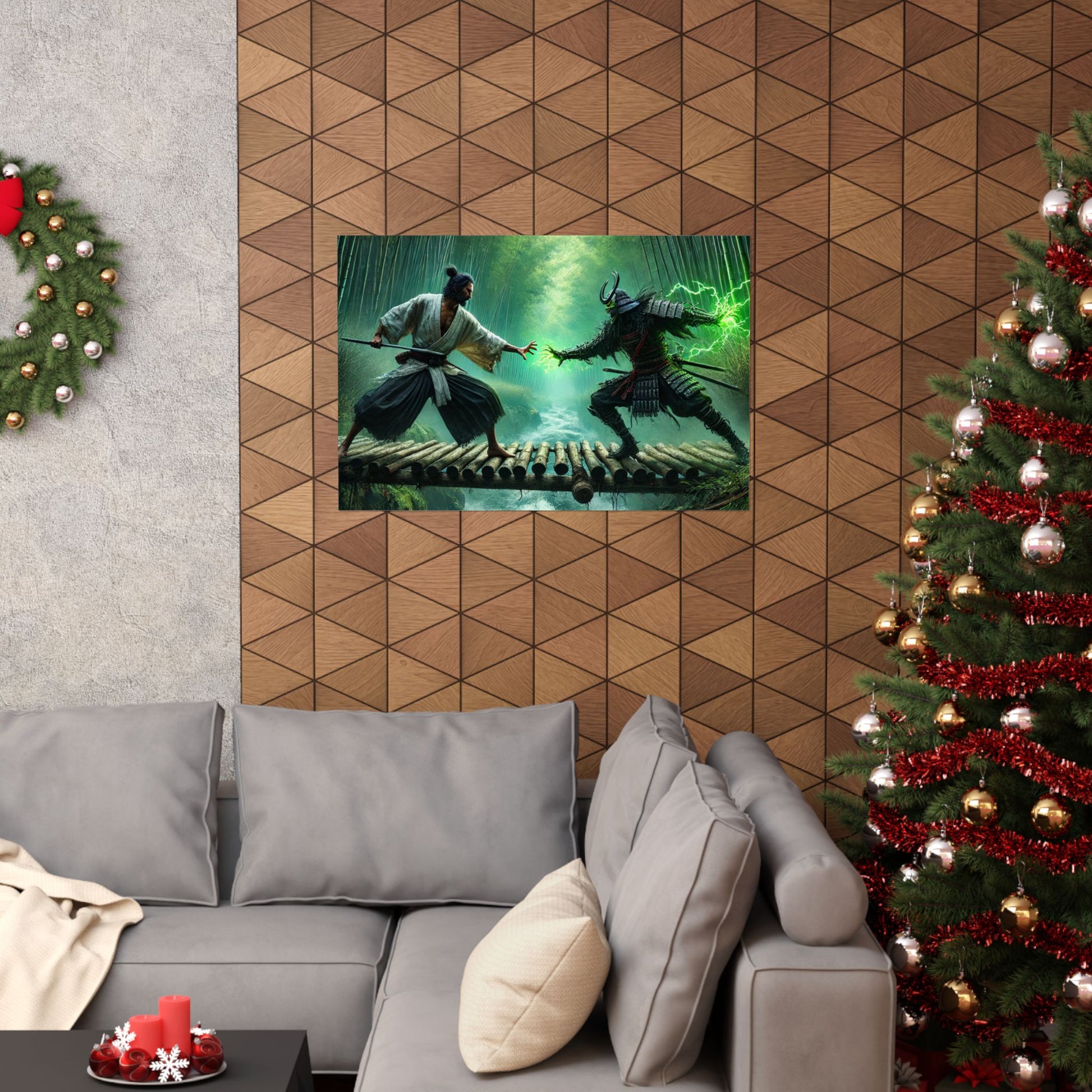 Samurai’s Rage Poster displayed above a couch, bringing intense energy and warrior spirit to modern living room decor.