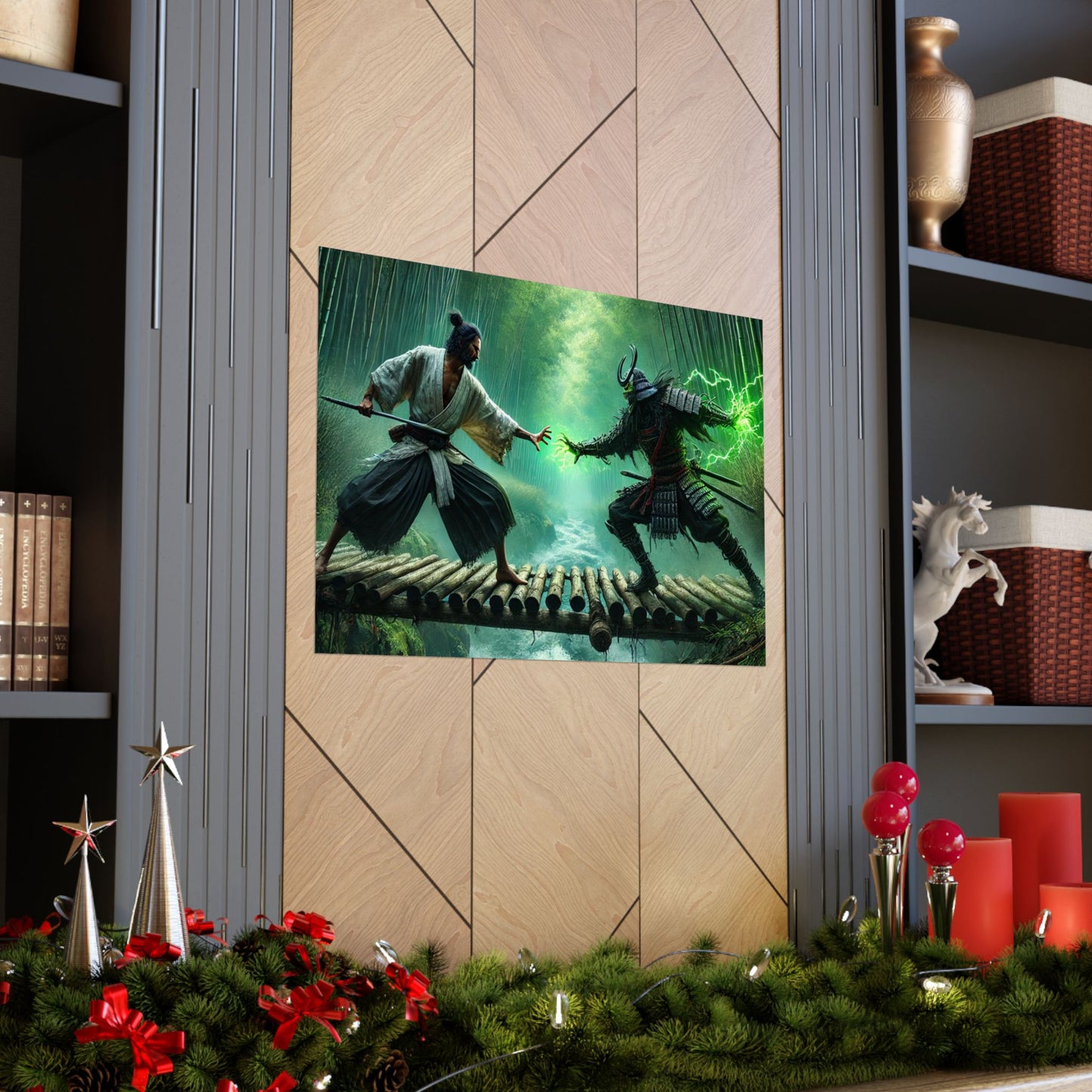 Samurai’s Rage Poster placed between two shelves, adding a bold warrior aesthetic to modern home decor.