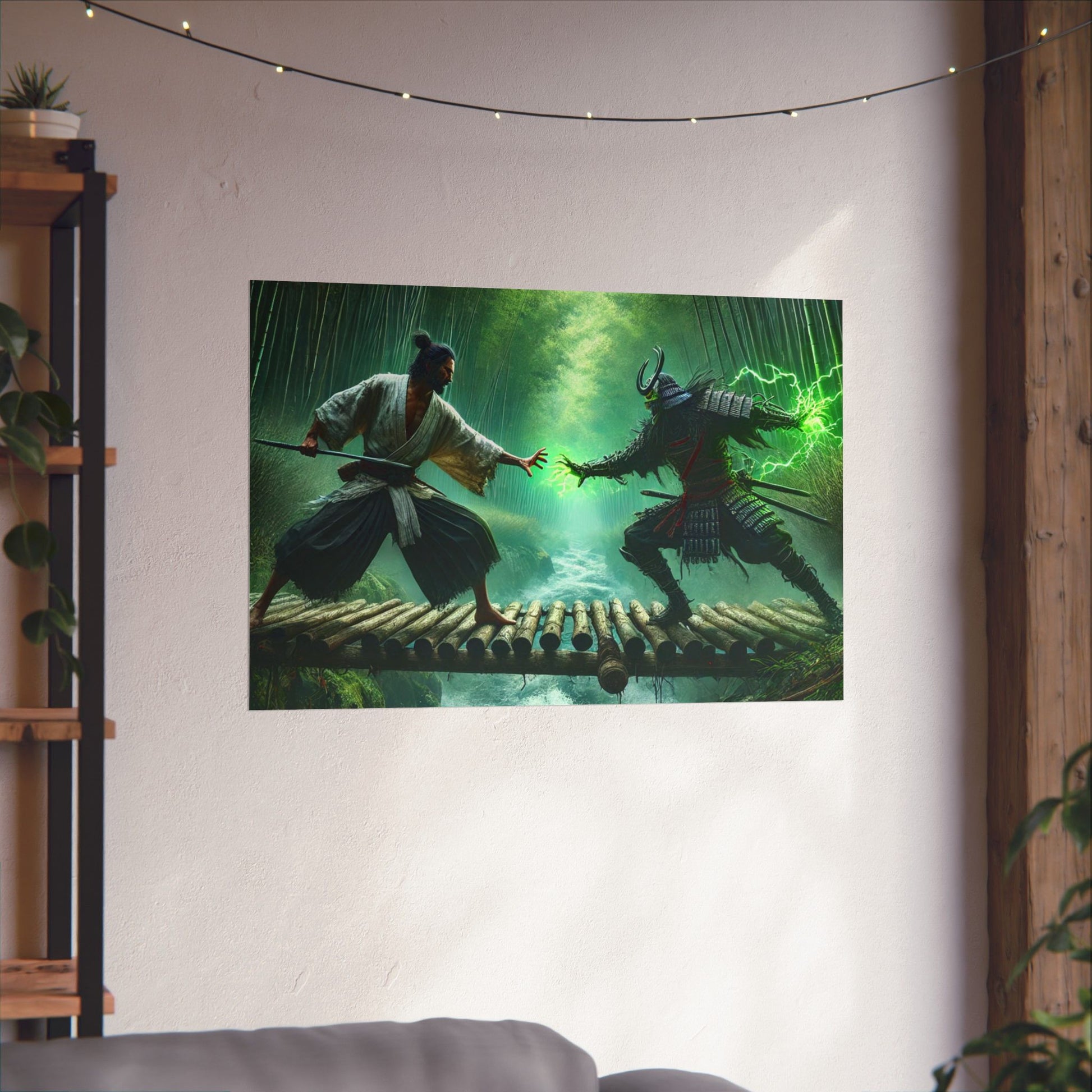 Samurai’s Rage Poster hung on a neutral wall, showcasing its fierce samurai artwork as a striking statement piece.