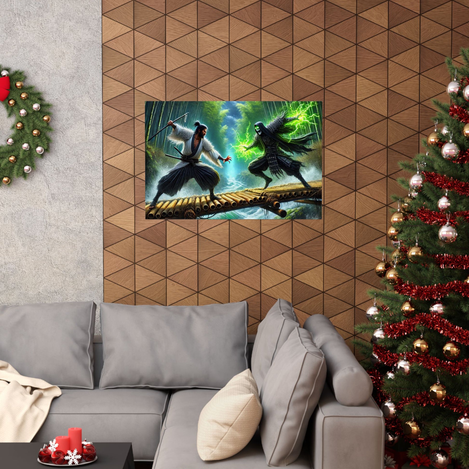 Samurai's Redemption Poster displayed above a couch, adding a bold, warrior-inspired touch to modern living room decor.