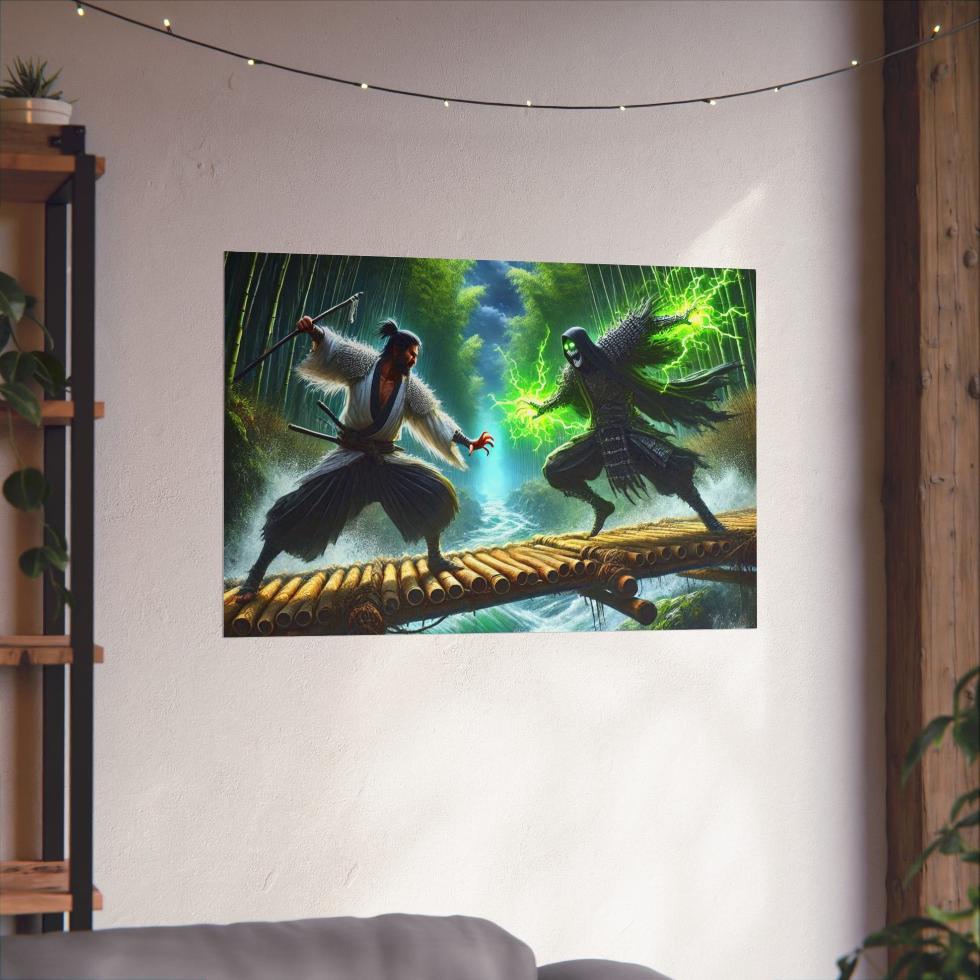 Samurai's Redemption Poster mounted on a wall, featuring powerful Japanese samurai artwork as a statement decor piece.