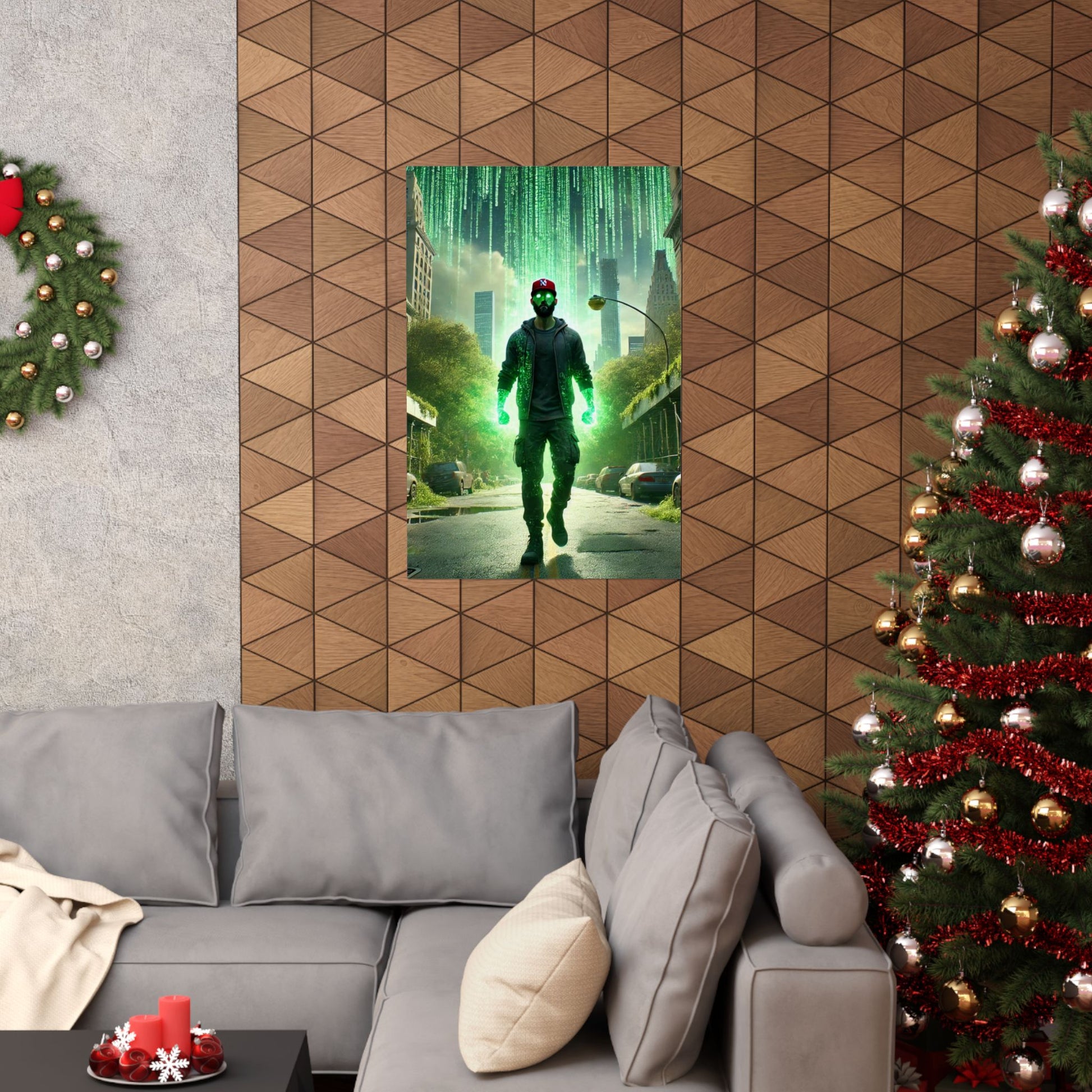 The Simulation Master Poster displayed above a couch, adding a futuristic and thought-provoking aesthetic to modern living room decor.