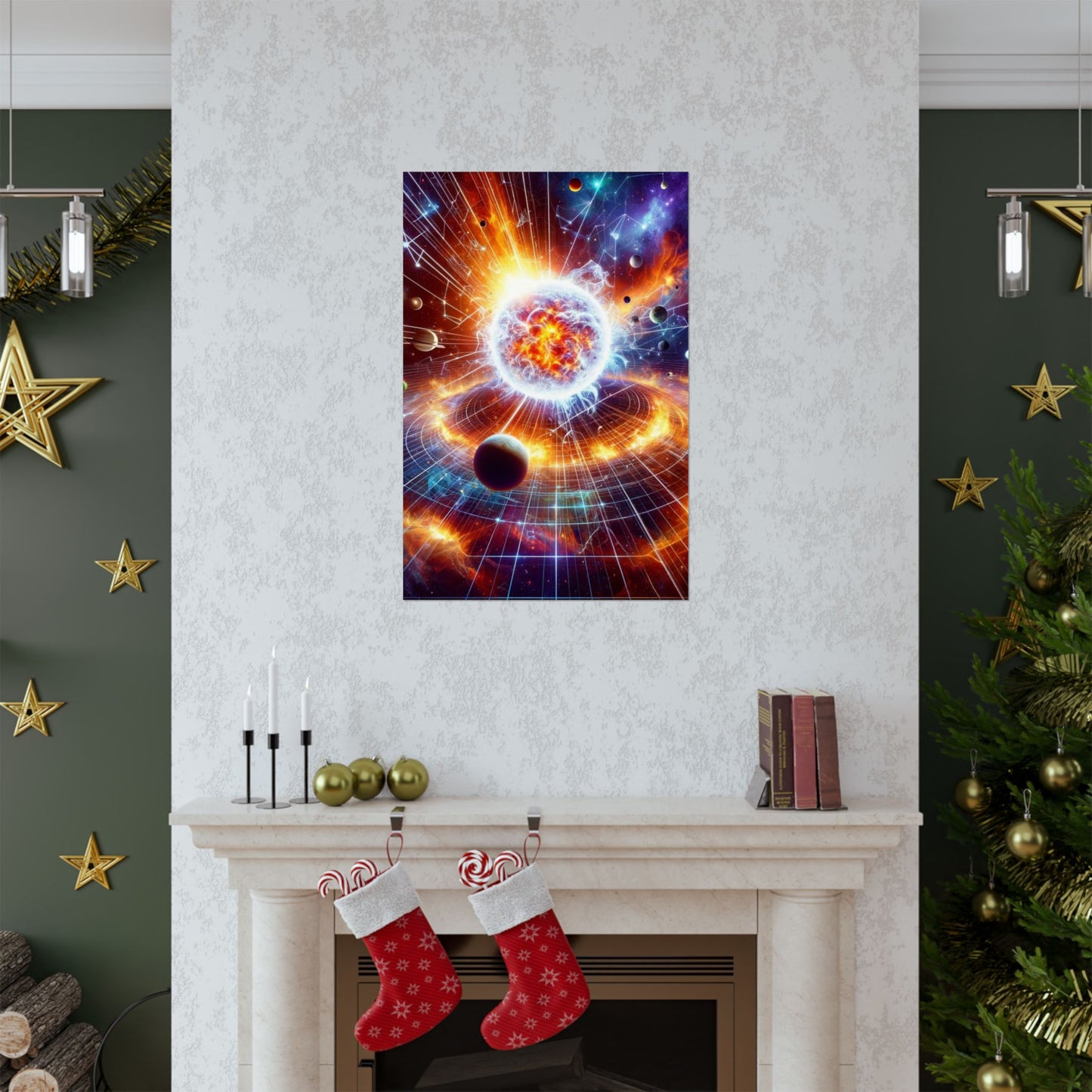 The Sirius Star Poster positioned above a fireplace, adding a mystical and celestial presence to the room.