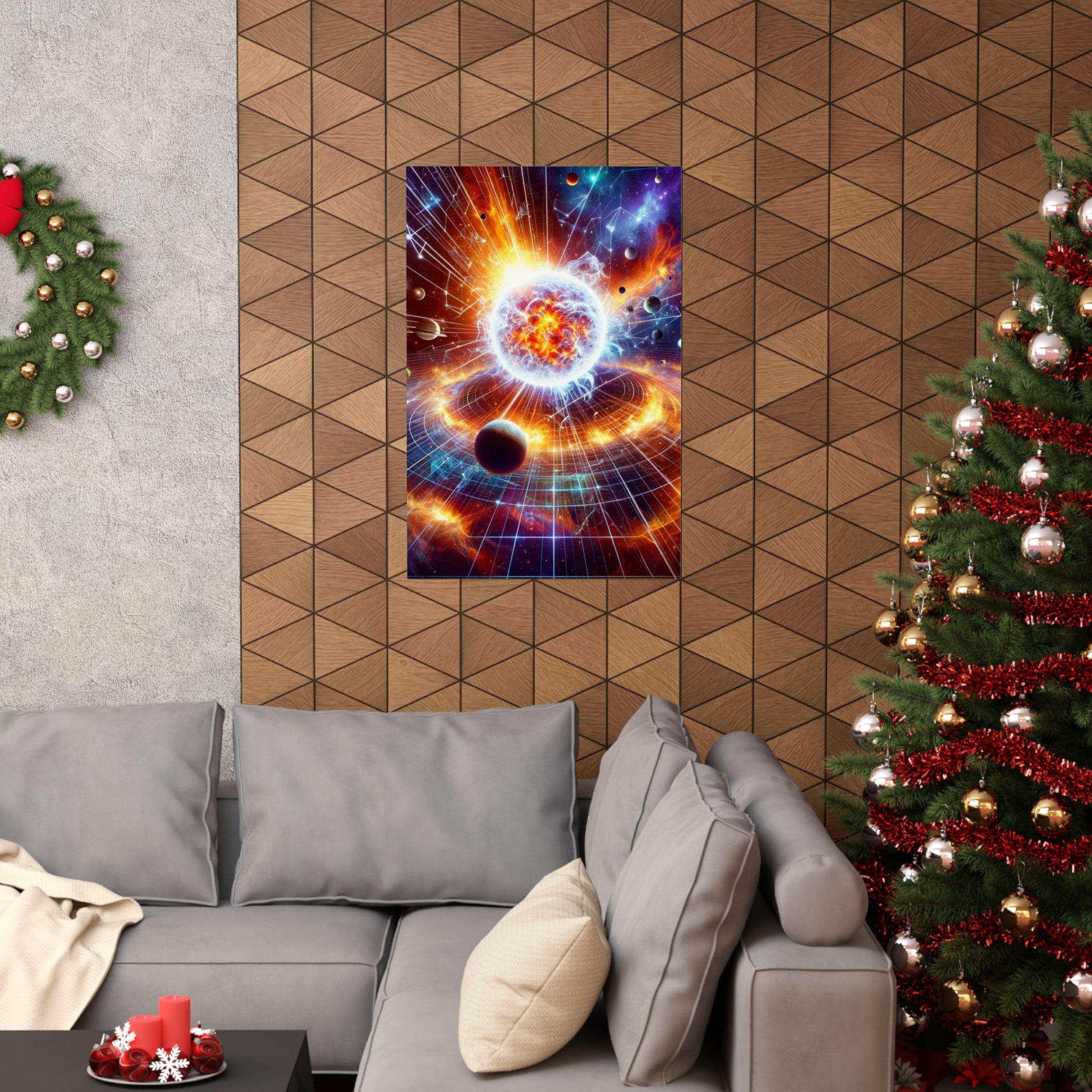 The Sirius Star Poster displayed above a couch, bringing a celestial touch to elegant living room decor.
