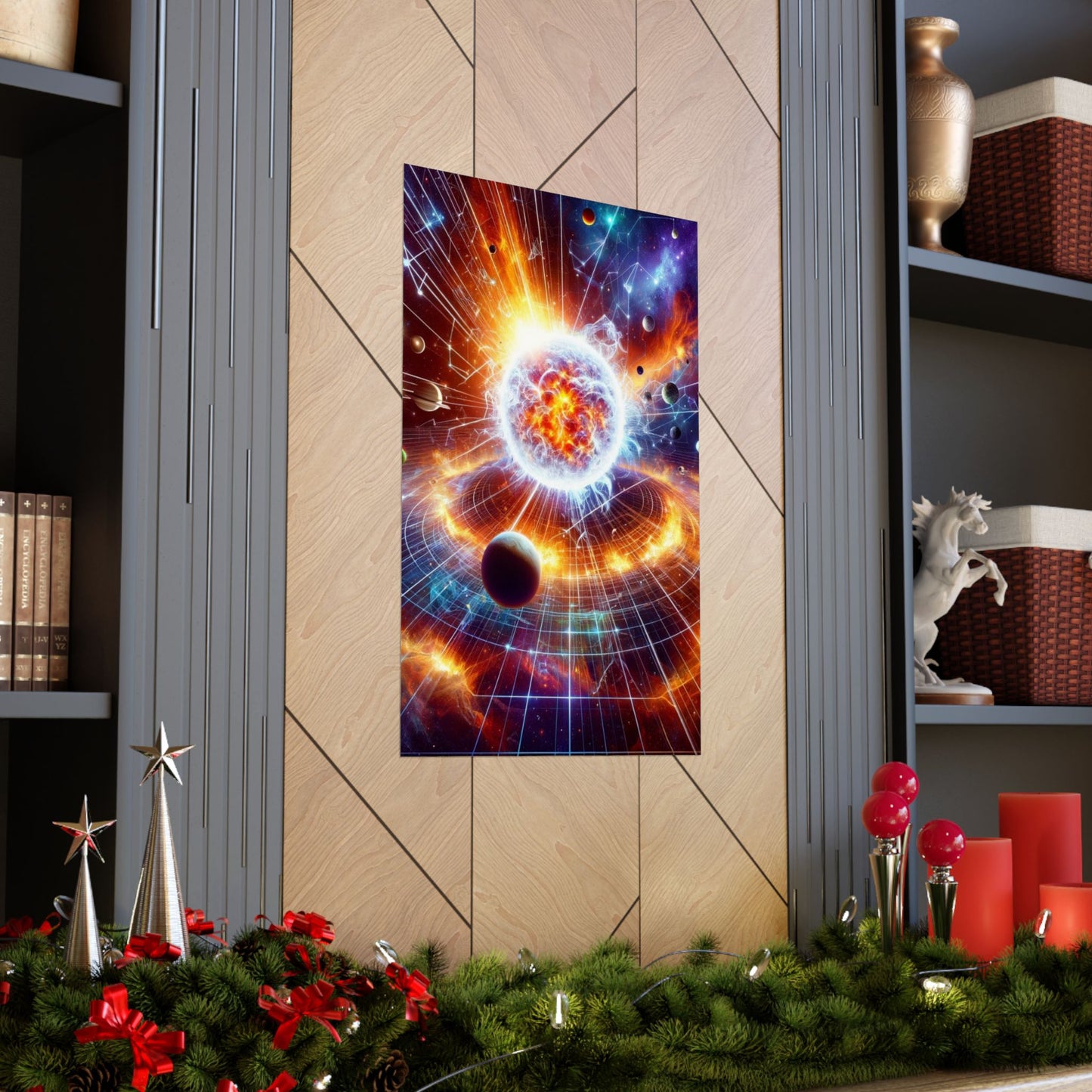 The Sirius Star Poster beautifully placed between two shelves, creating a cosmic and modern home decor aesthetic.