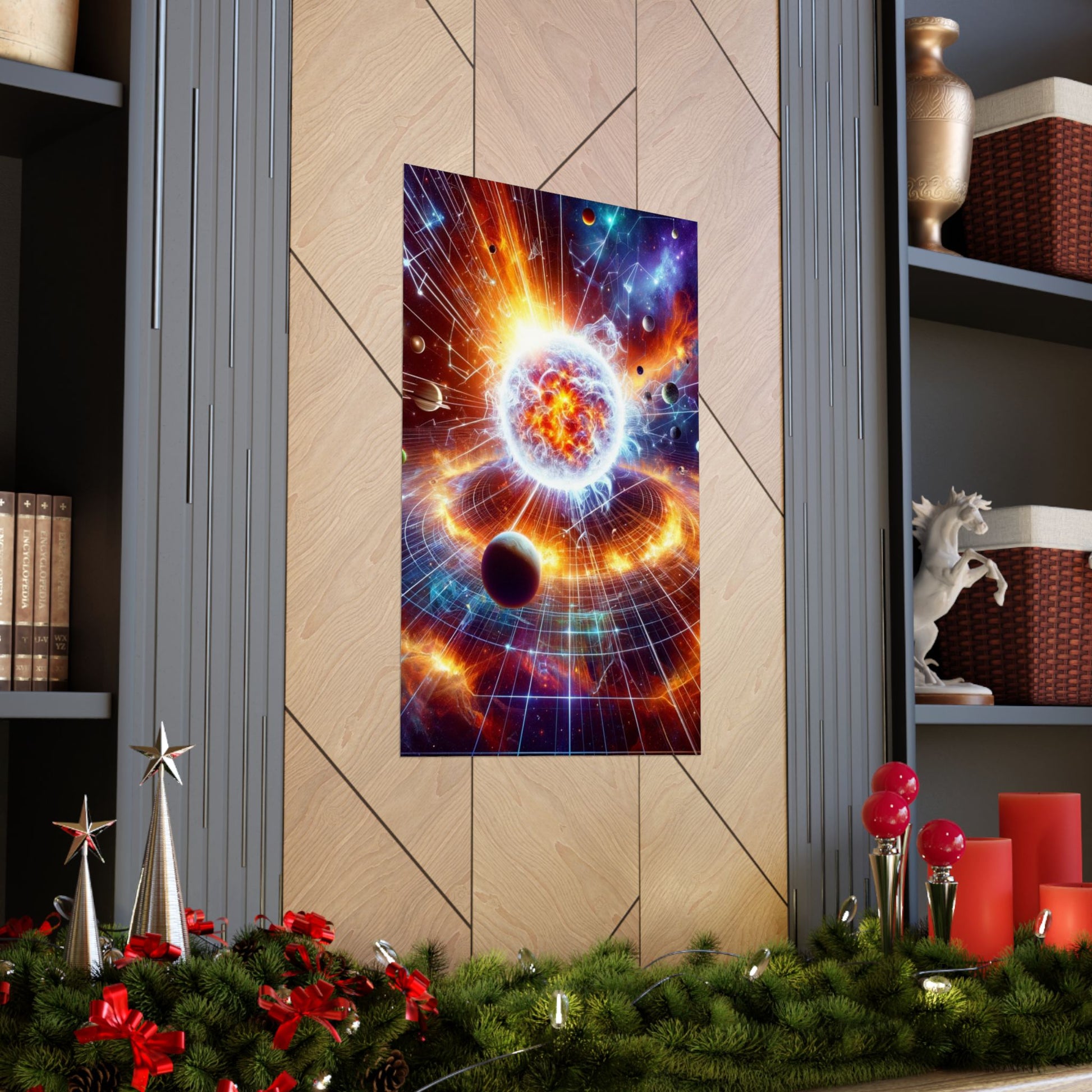 The Sirius Star Poster beautifully placed between two shelves, creating a cosmic and modern home decor aesthetic.