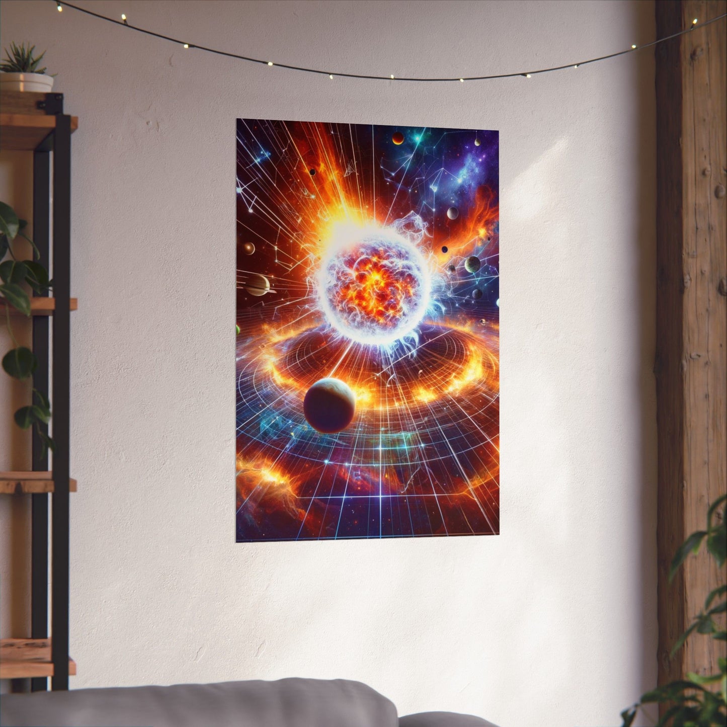 The Sirius Star Poster hung on a neutral wall, radiating celestial beauty and deep cosmic wonder.