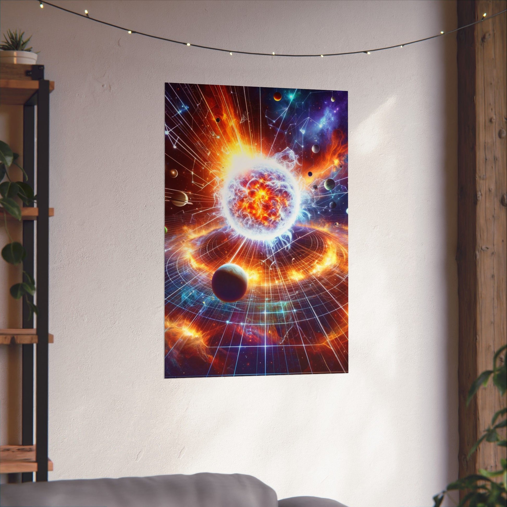The Sirius Star Poster hung on a neutral wall, radiating celestial beauty and deep cosmic wonder.