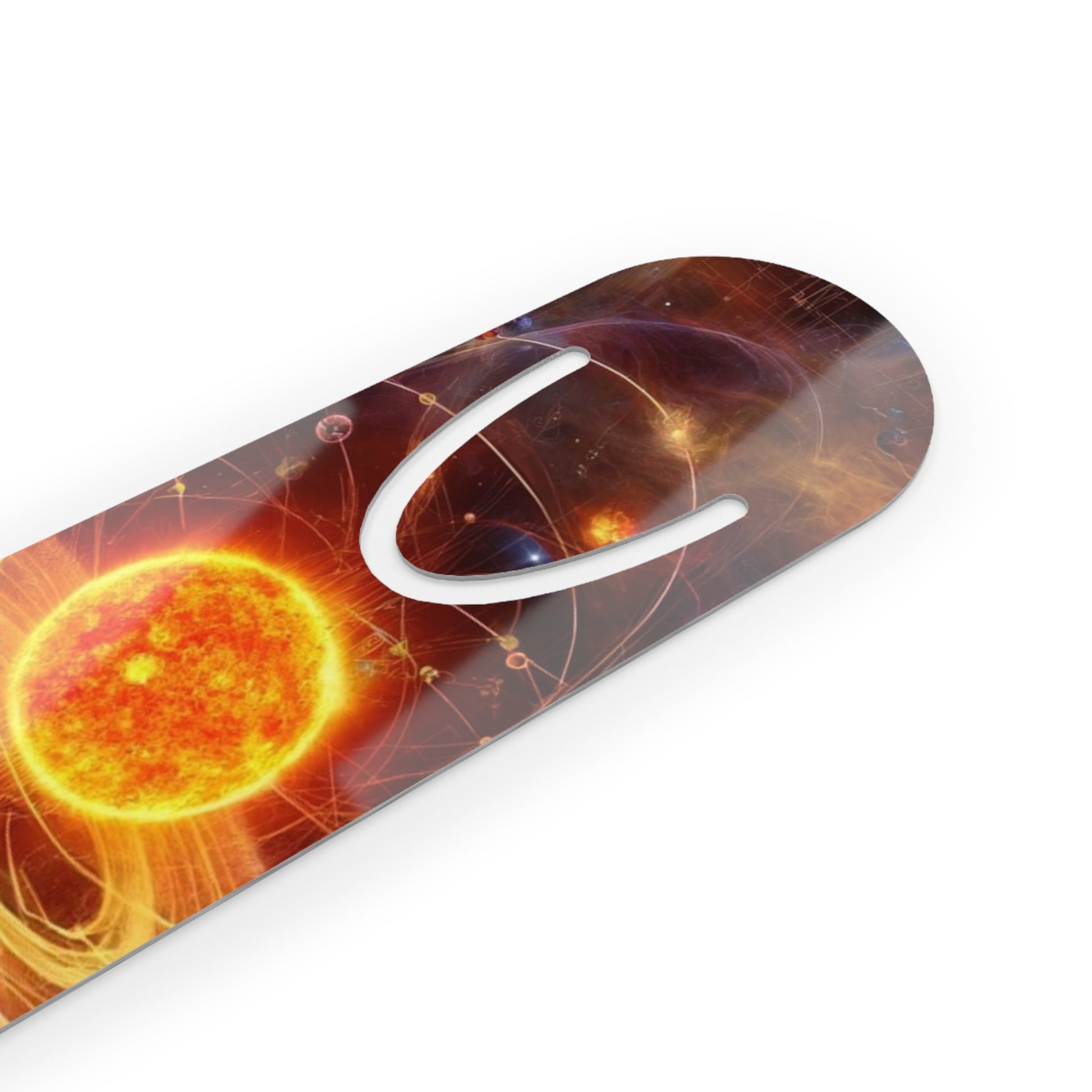 The Solar Bookmark displayed at an angle, highlighting its elegant metallic shine and celestial design.