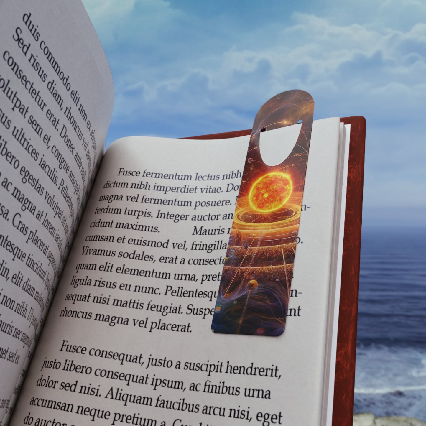The Solar Bookmark placed on a book page, serving as a stylish and functional page holder.