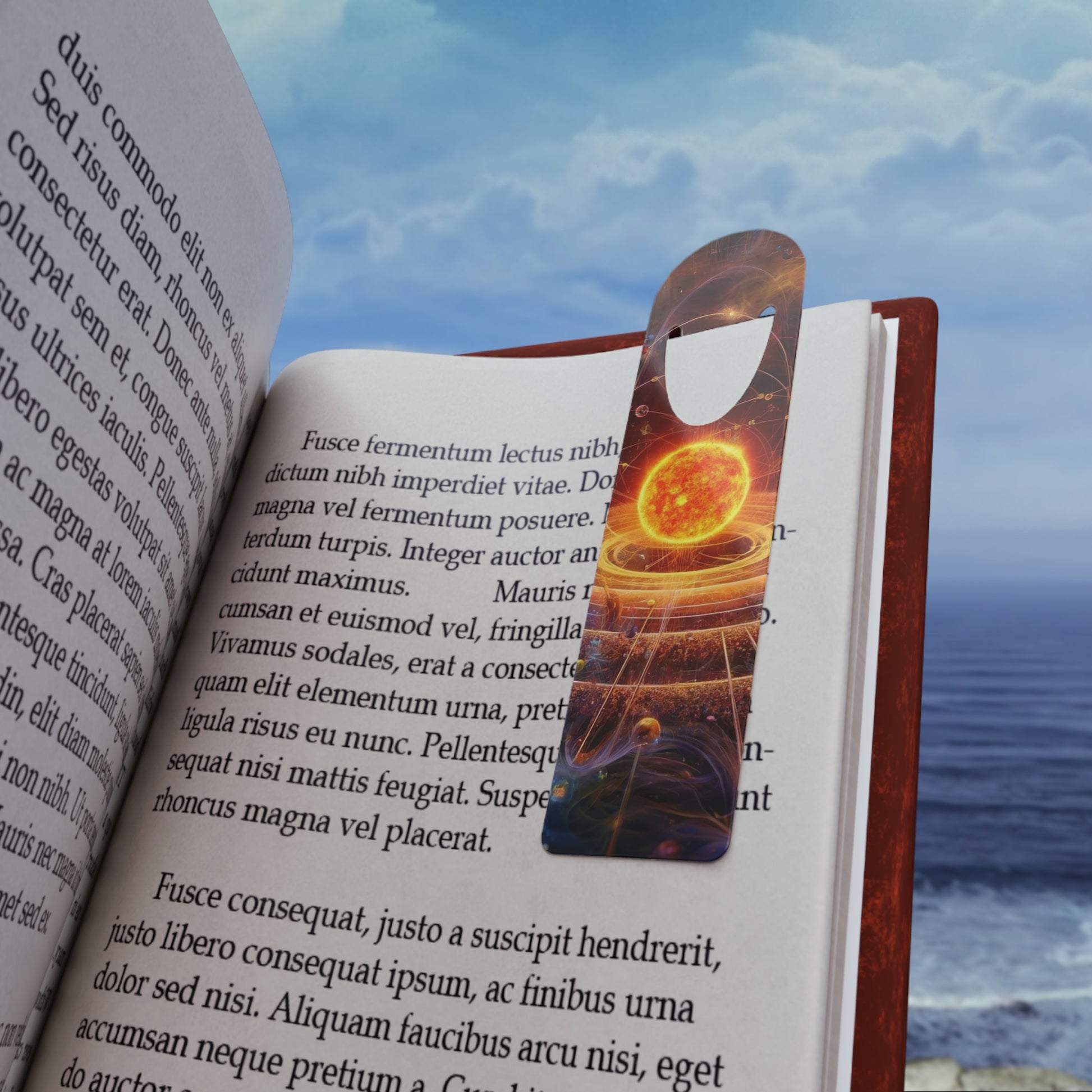 The Solar Bookmark placed on a book page, serving as a stylish and functional page holder.