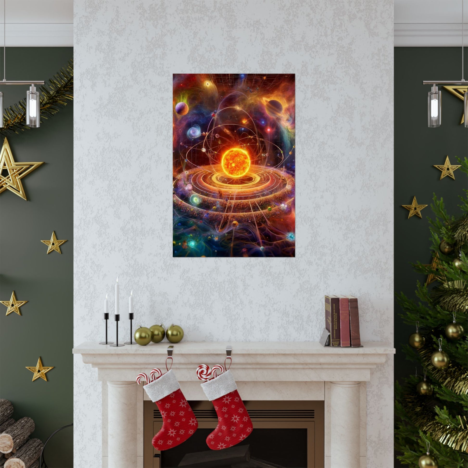 The Solar System Poster positioned above a fireplace, blending scientific wonder with stylish home decor.